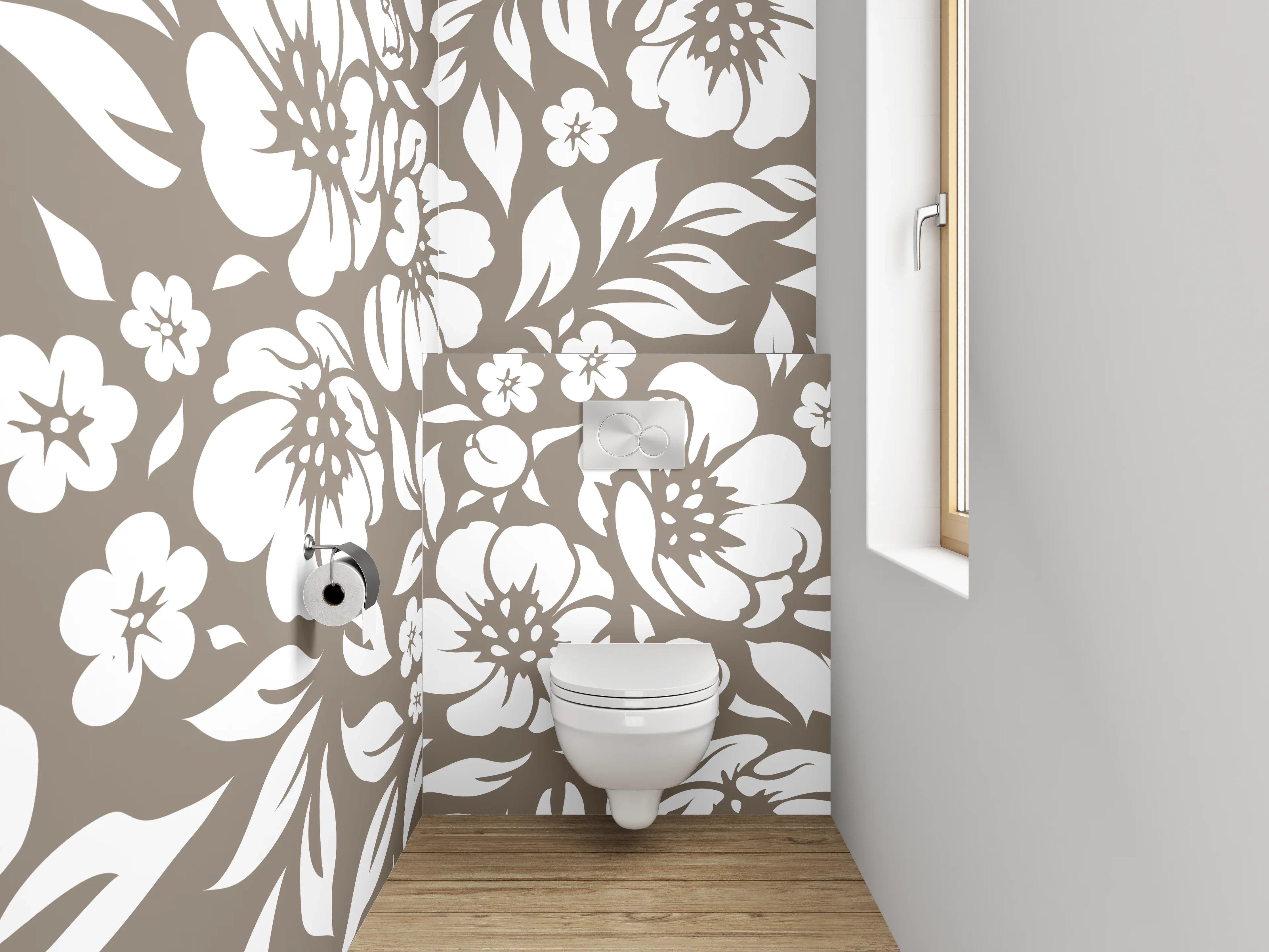 WC-Rückwand - Graues Blumenmuster in Braun und Weiß