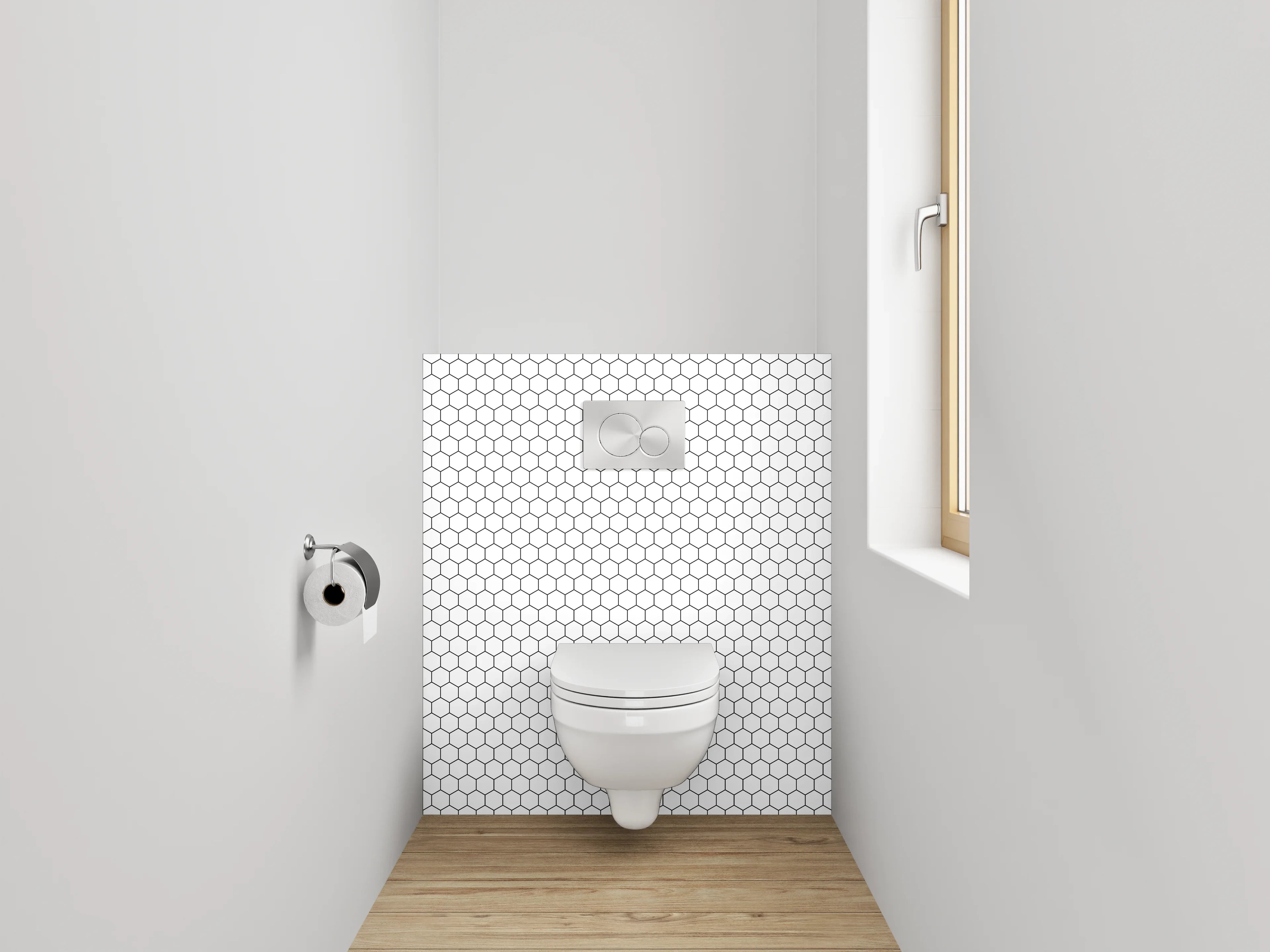 WC-Rückwand - Graues Hexagonspiel auf Weiß