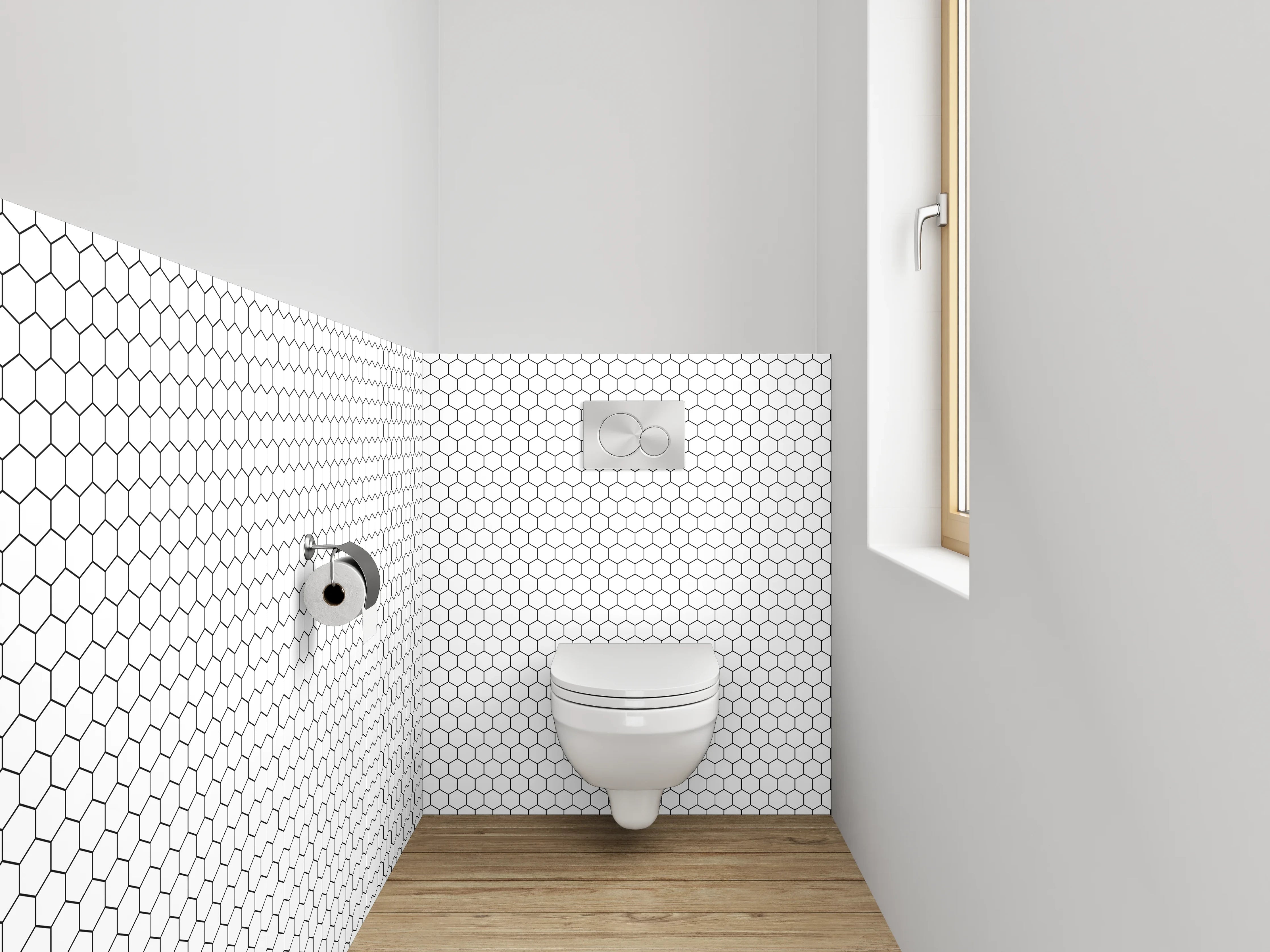 WC-Rückwand - Graues Hexagonspiel auf Weiß