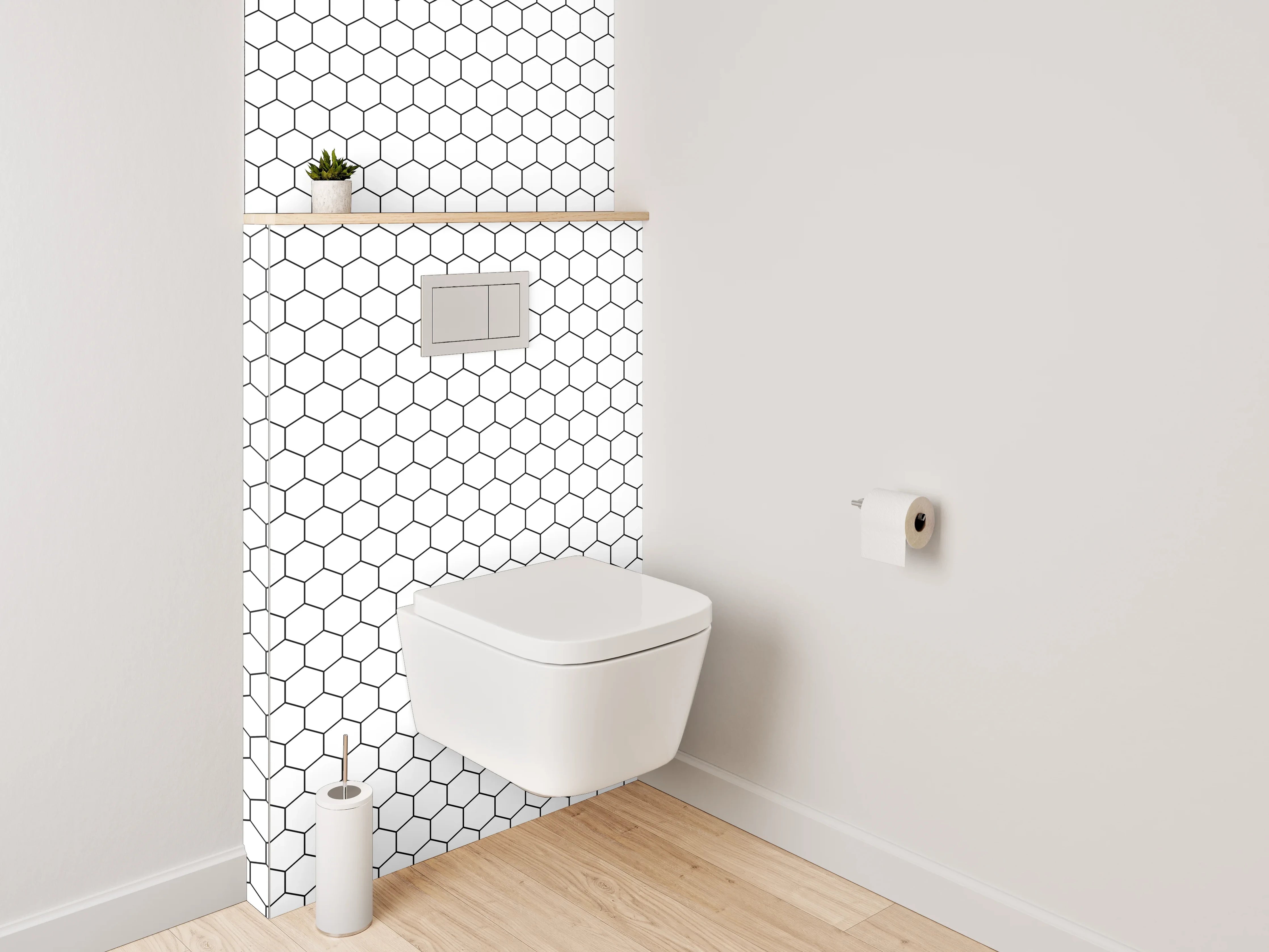 WC-Rückwand - Graues Hexagonspiel auf Weiß