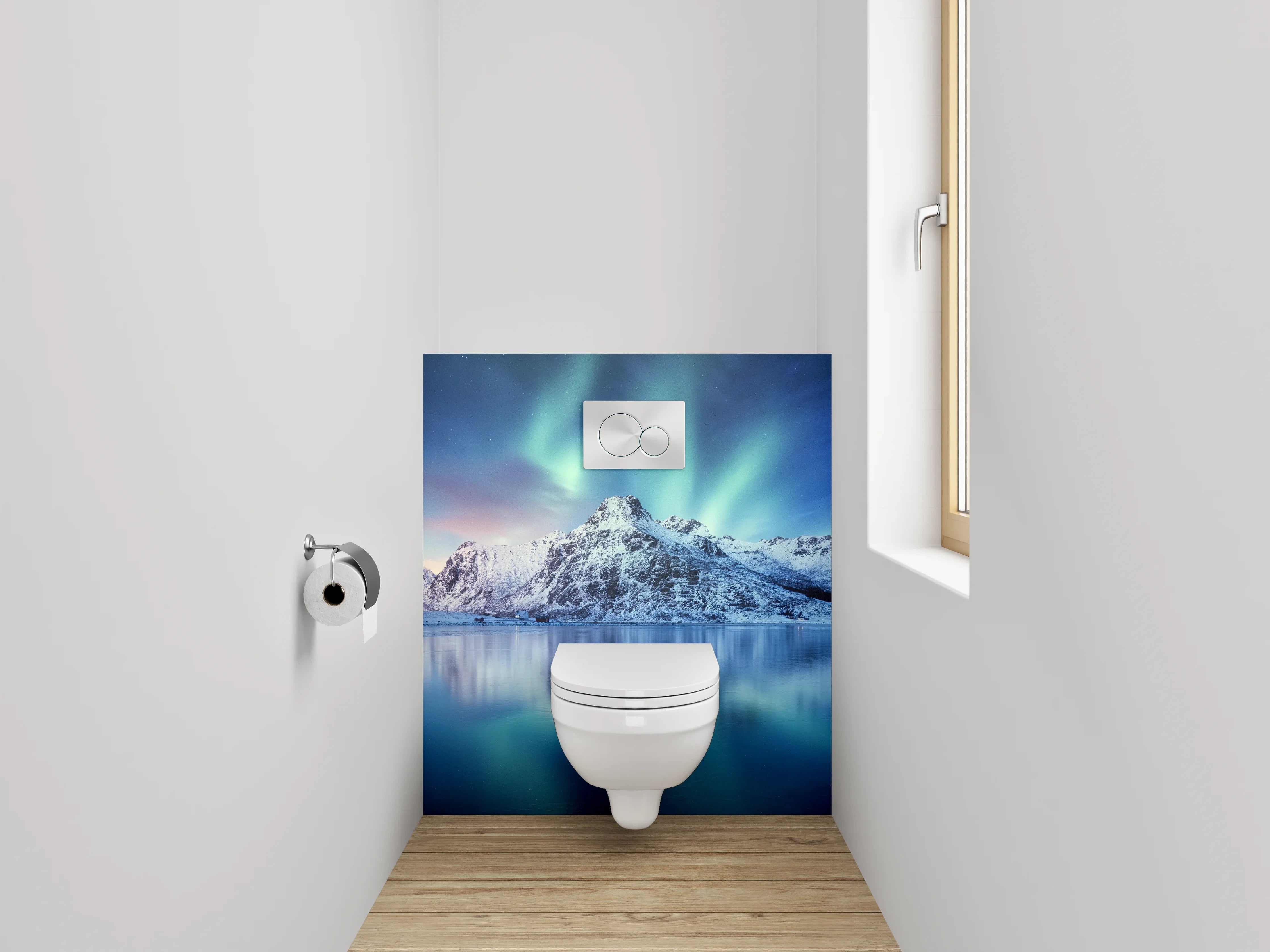 WC-Rückwand - Graugrüne Polarlichter über Wintergipfeln