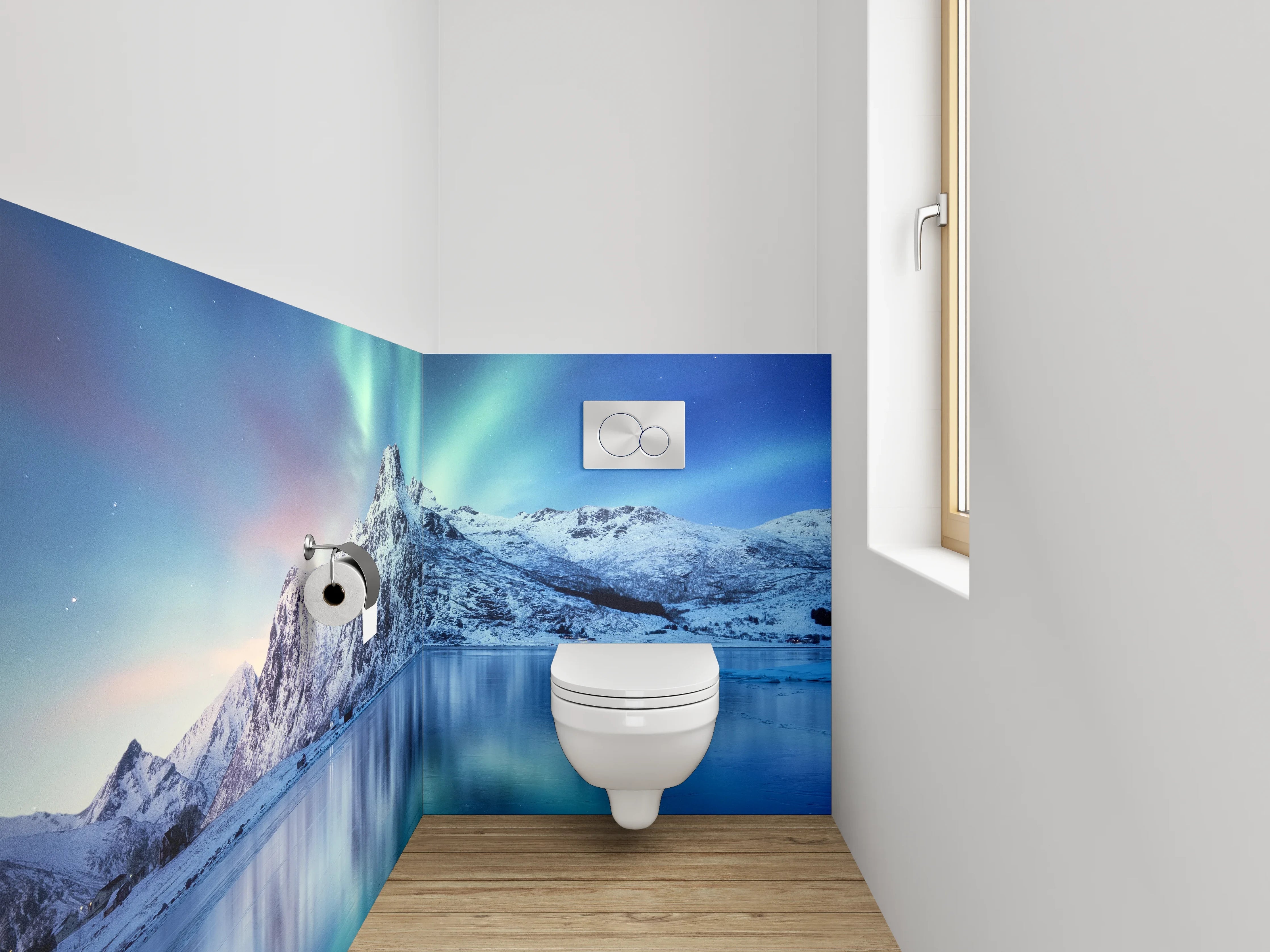 WC-Rückwand - Graugrüne Polarlichter über Wintergipfeln