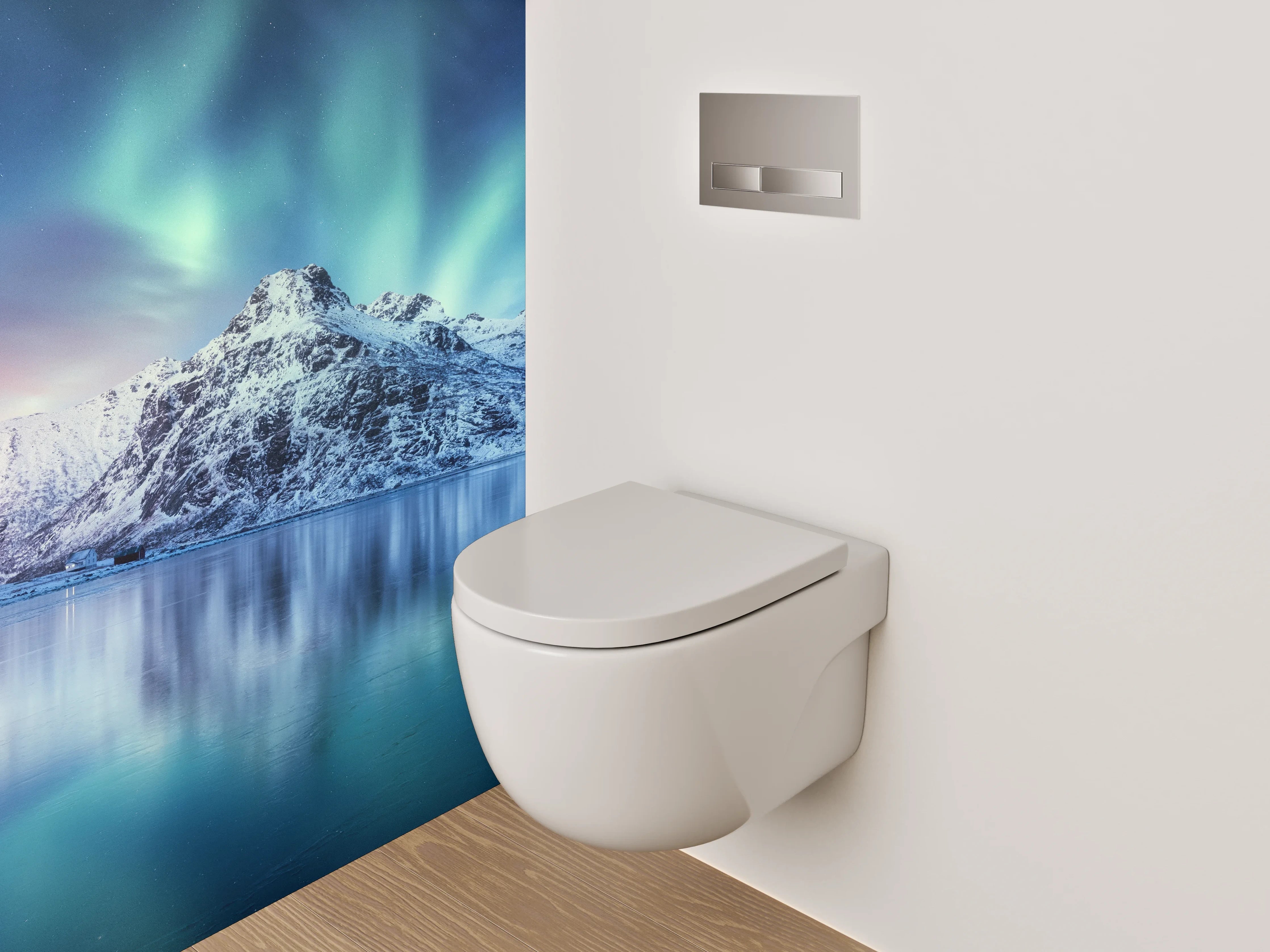 WC-Rückwand - Graugrüne Polarlichter über Wintergipfeln