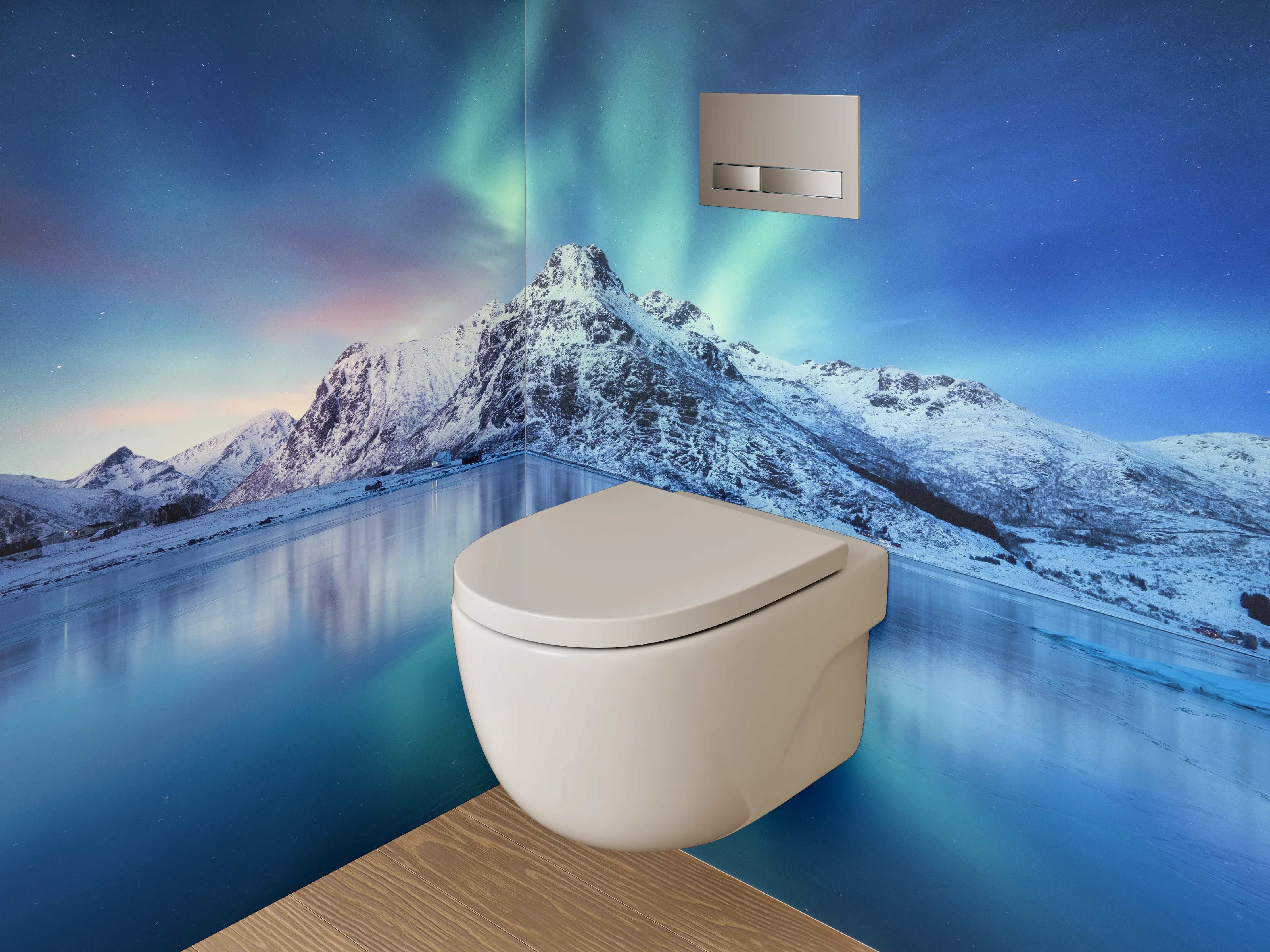 WC-Rückwand - Graugrüne Polarlichter über Wintergipfeln