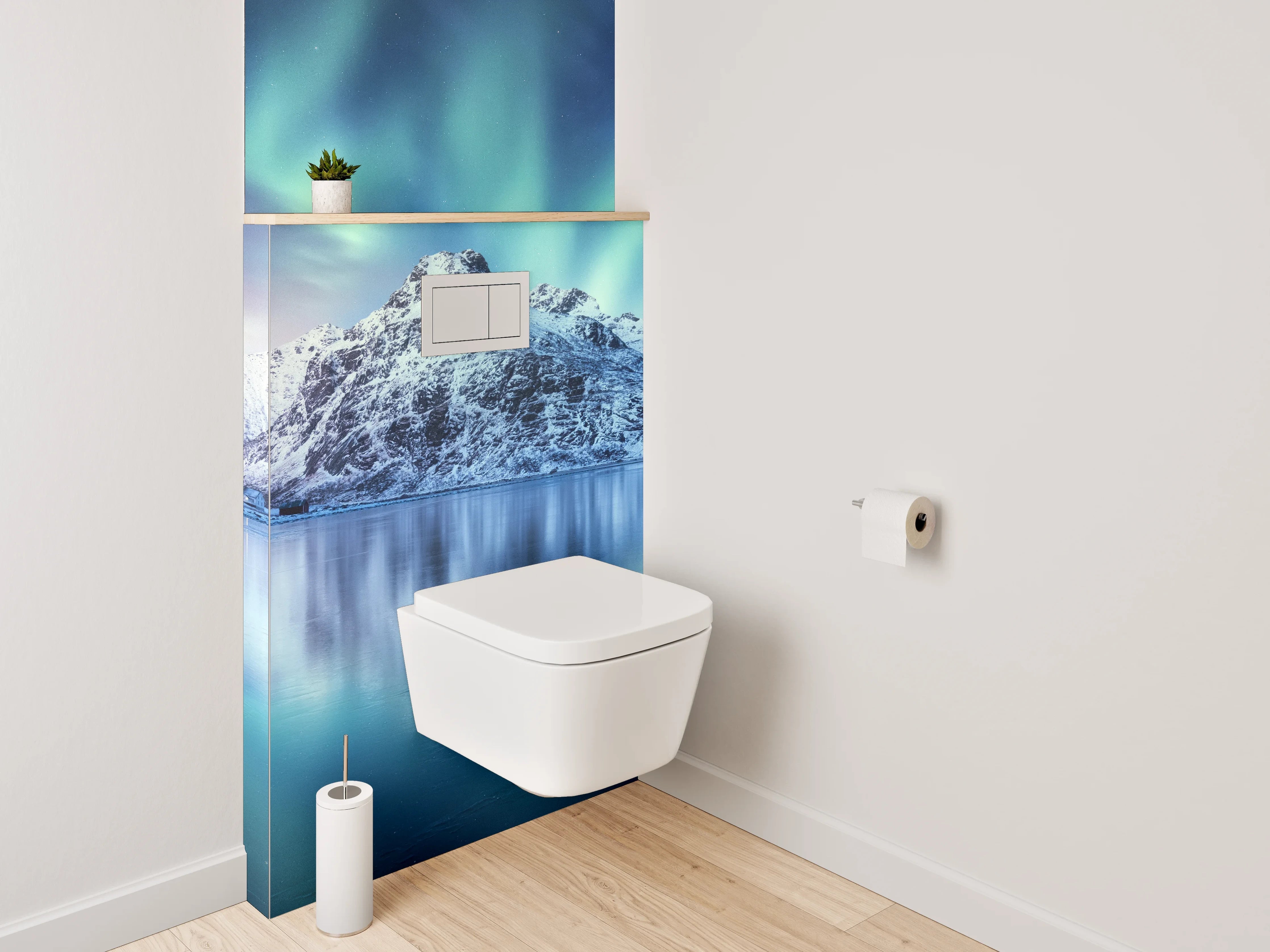 WC-Rückwand - Graugrüne Polarlichter über Wintergipfeln