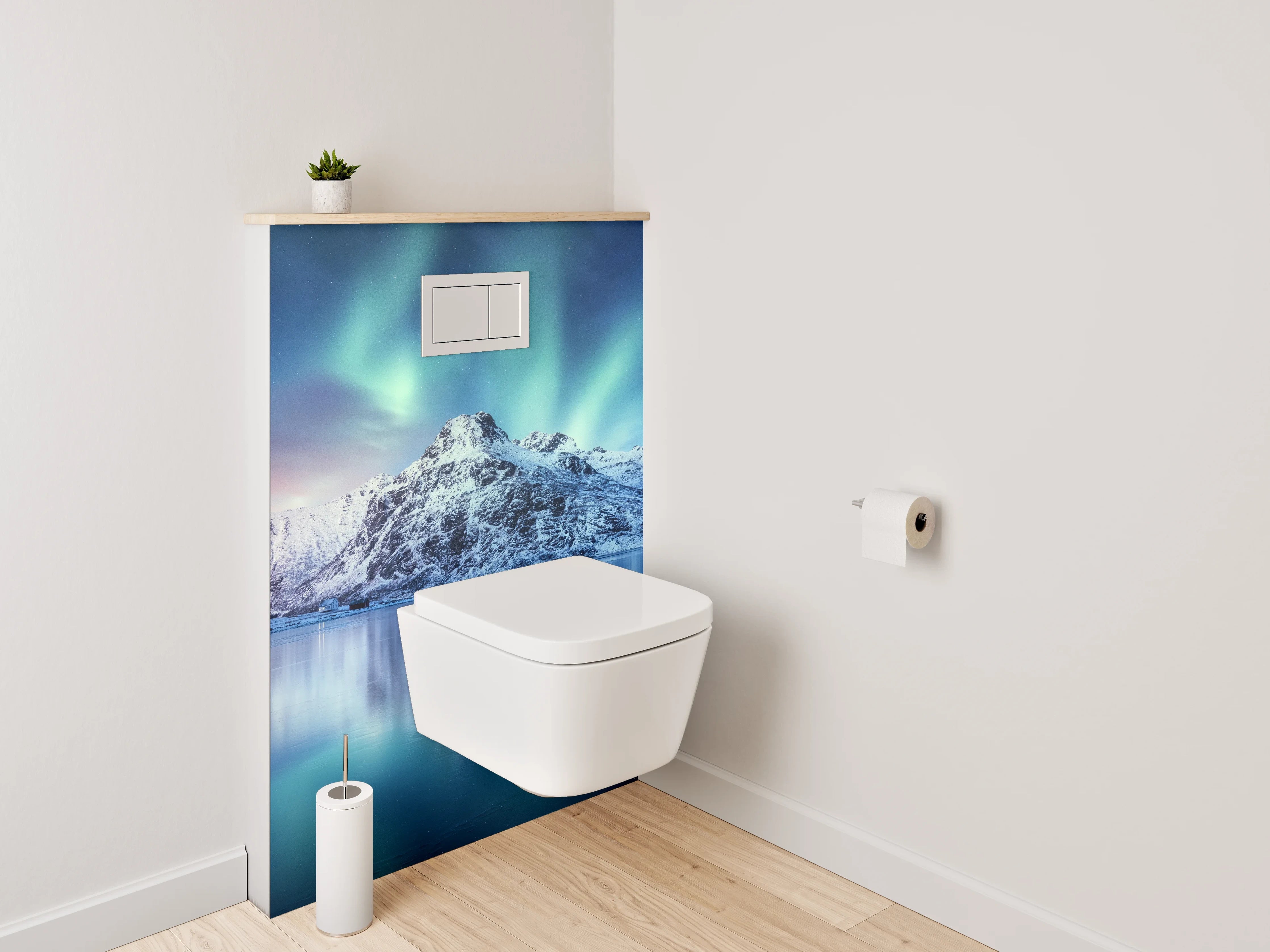 WC-Rückwand - Graugrüne Polarlichter über Wintergipfeln