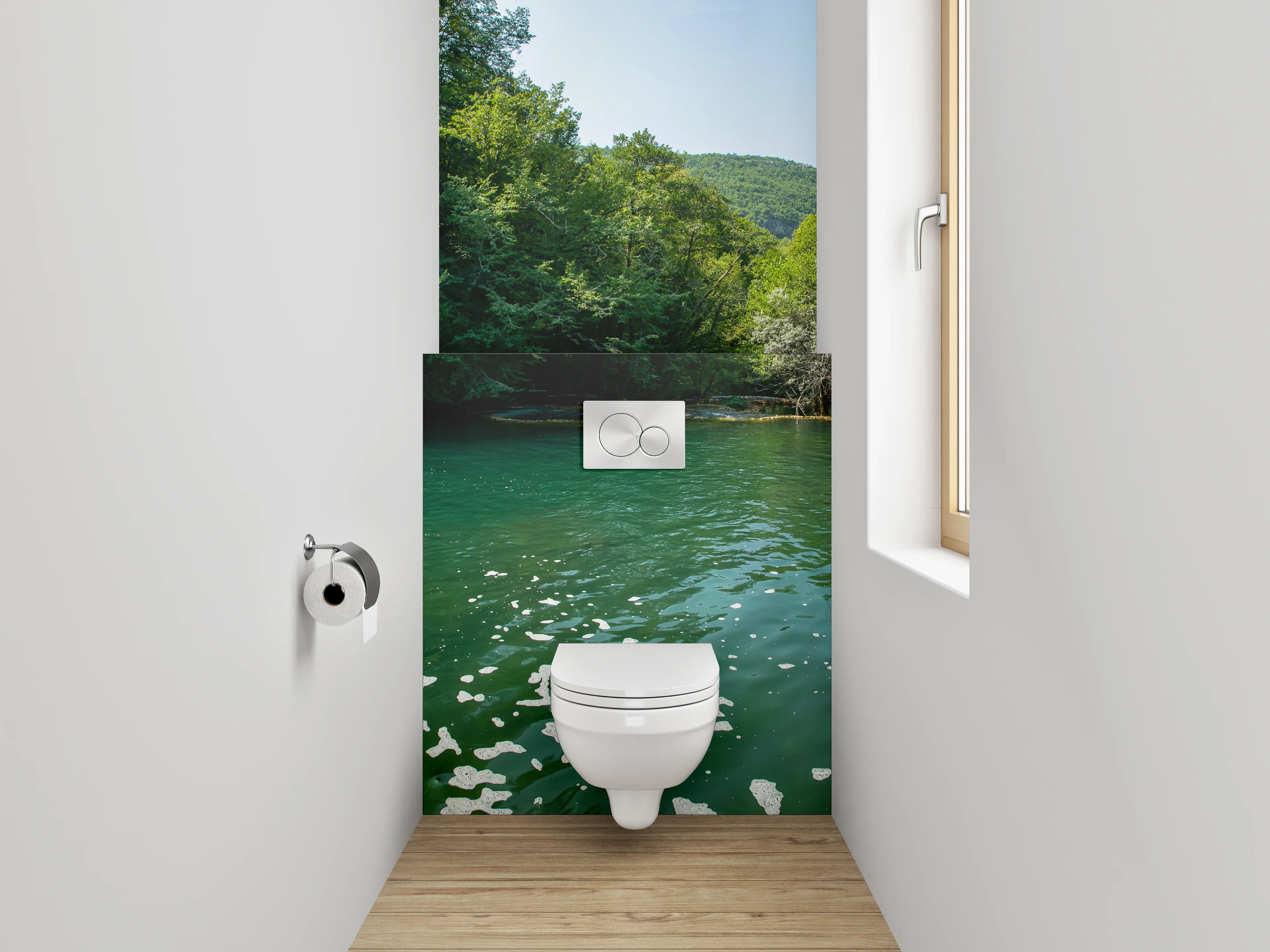 WC-Rückwand - Grauschimmer am weißen Waldbach