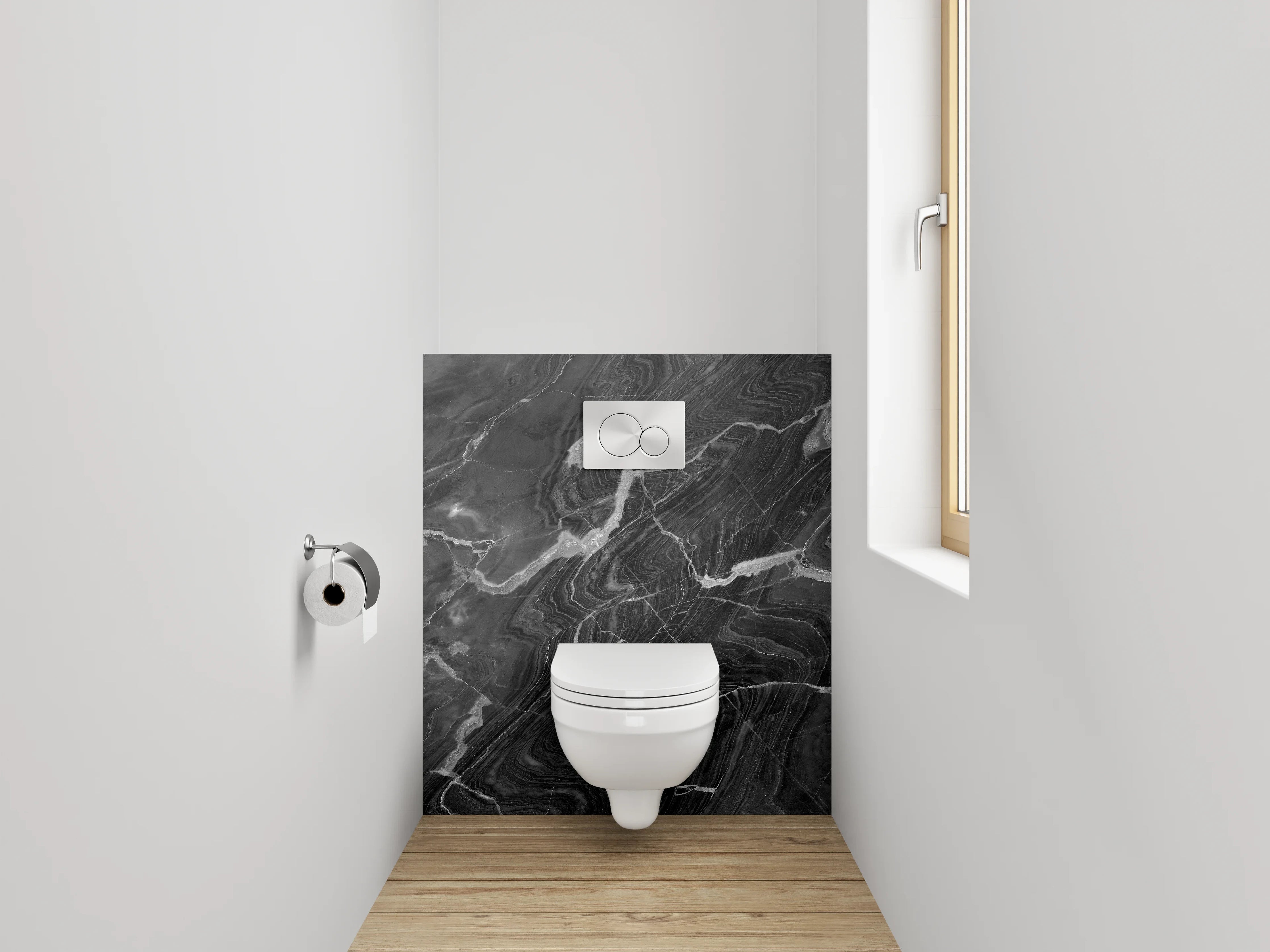 WC-Rückwand - Grauschimmer auf Weiß: Marmorpoesie