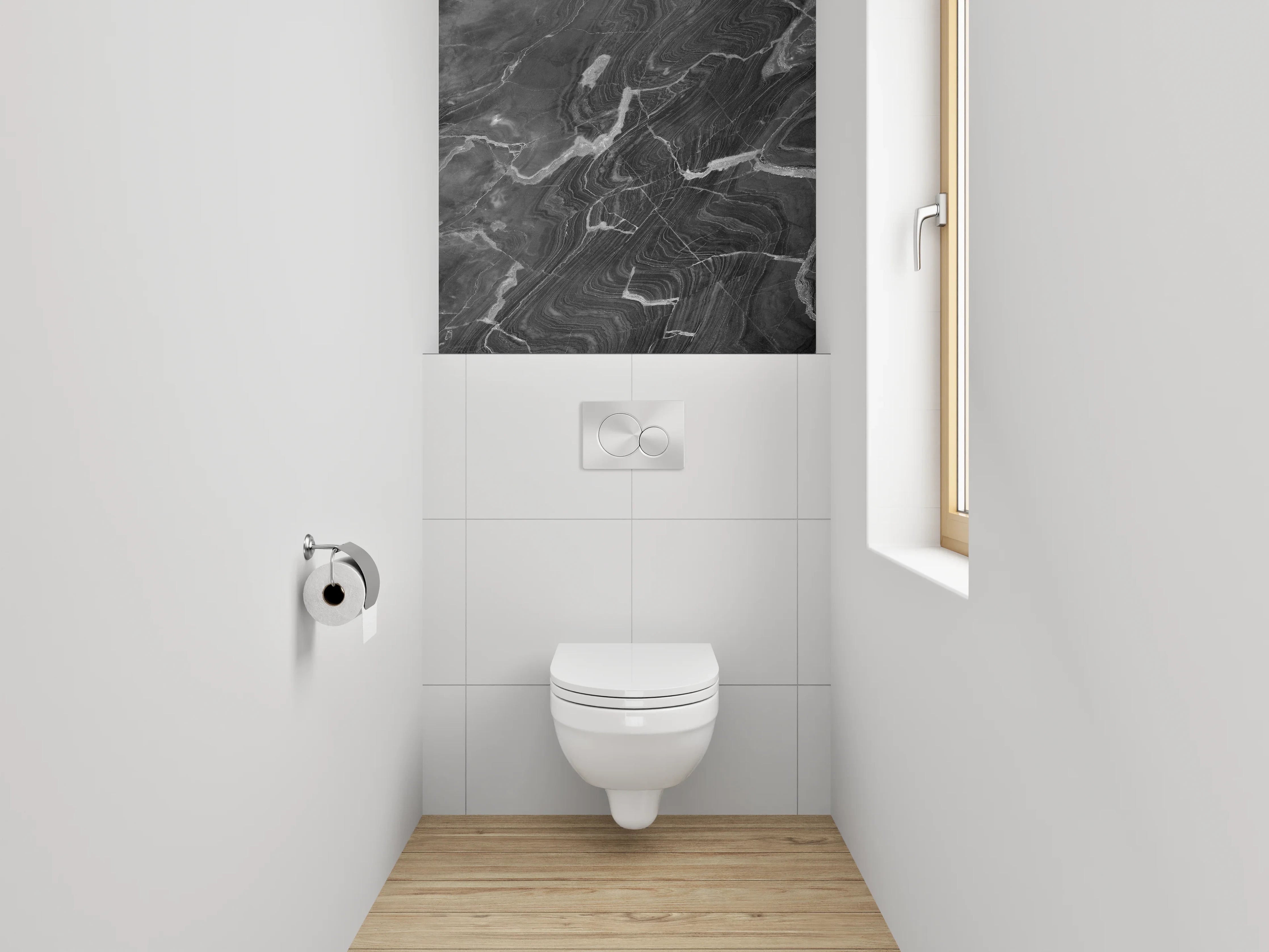 WC-Rückwand - Grauschimmer auf Weiß: Marmorpoesie