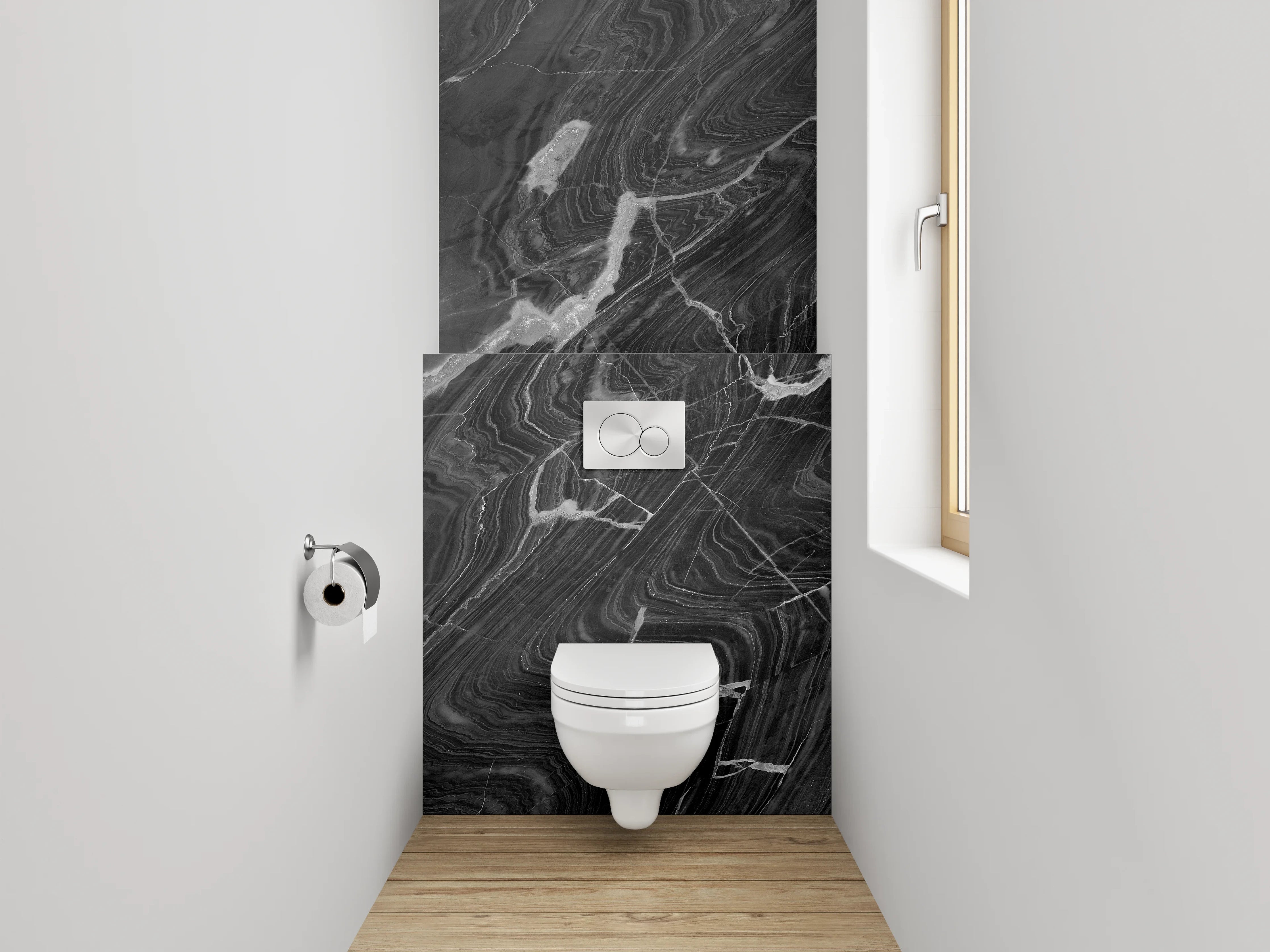 WC-Rückwand - Grauschimmer auf Weiß: Marmorpoesie