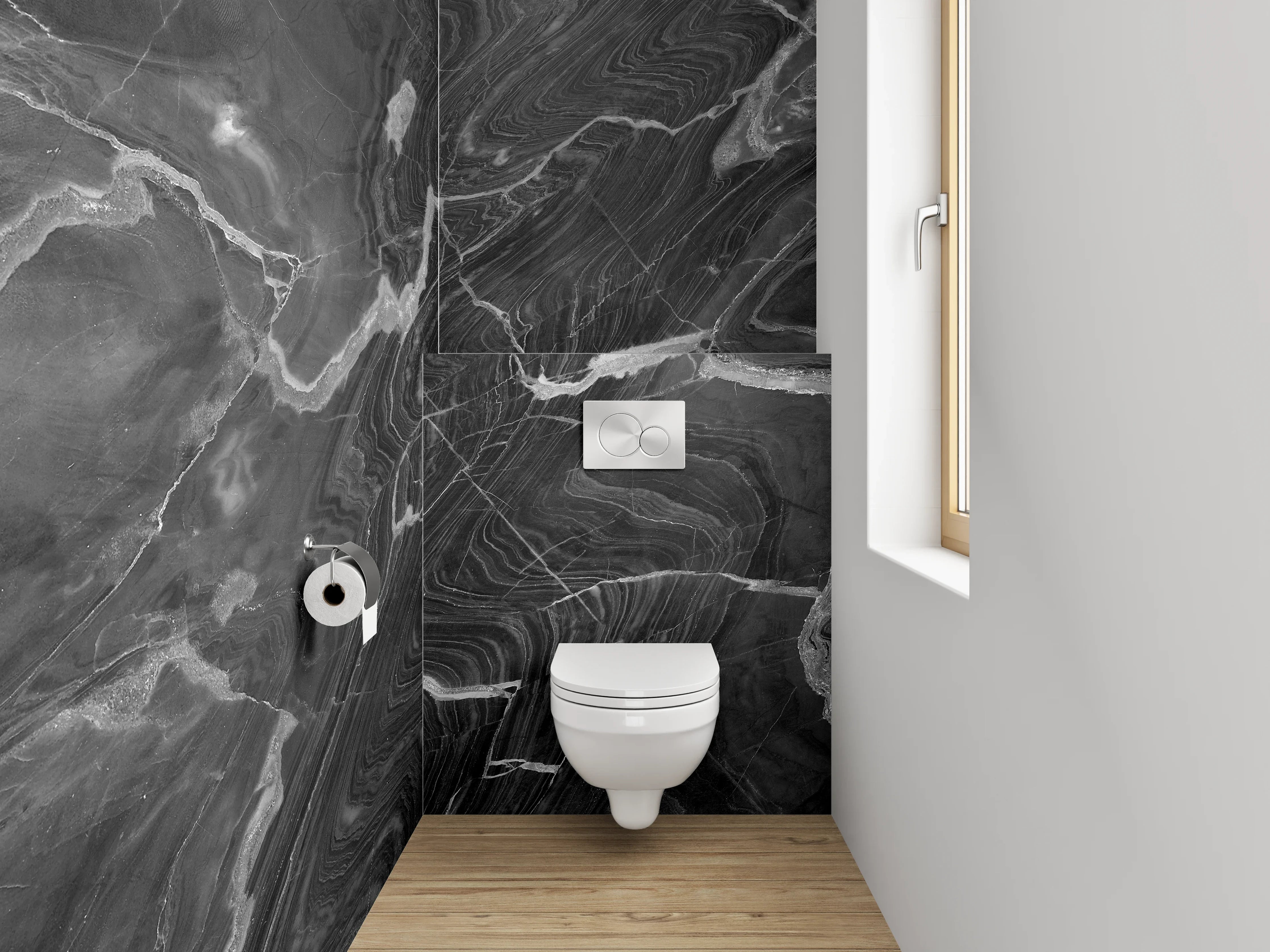 WC-Rückwand - Grauschimmer auf Weiß: Marmorpoesie