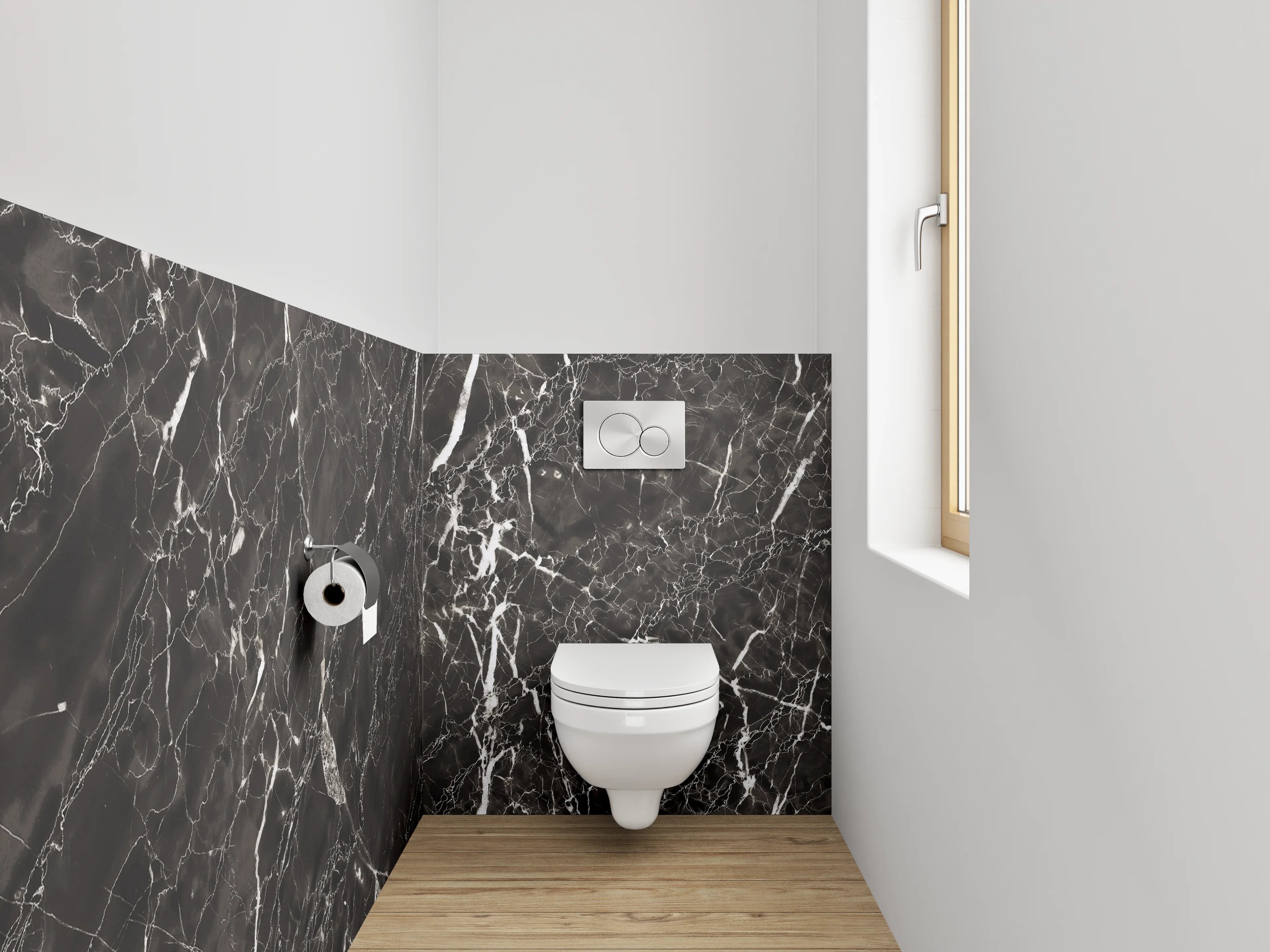WC-Rückwand - Grauschimmer auf weißgeädertem Stein