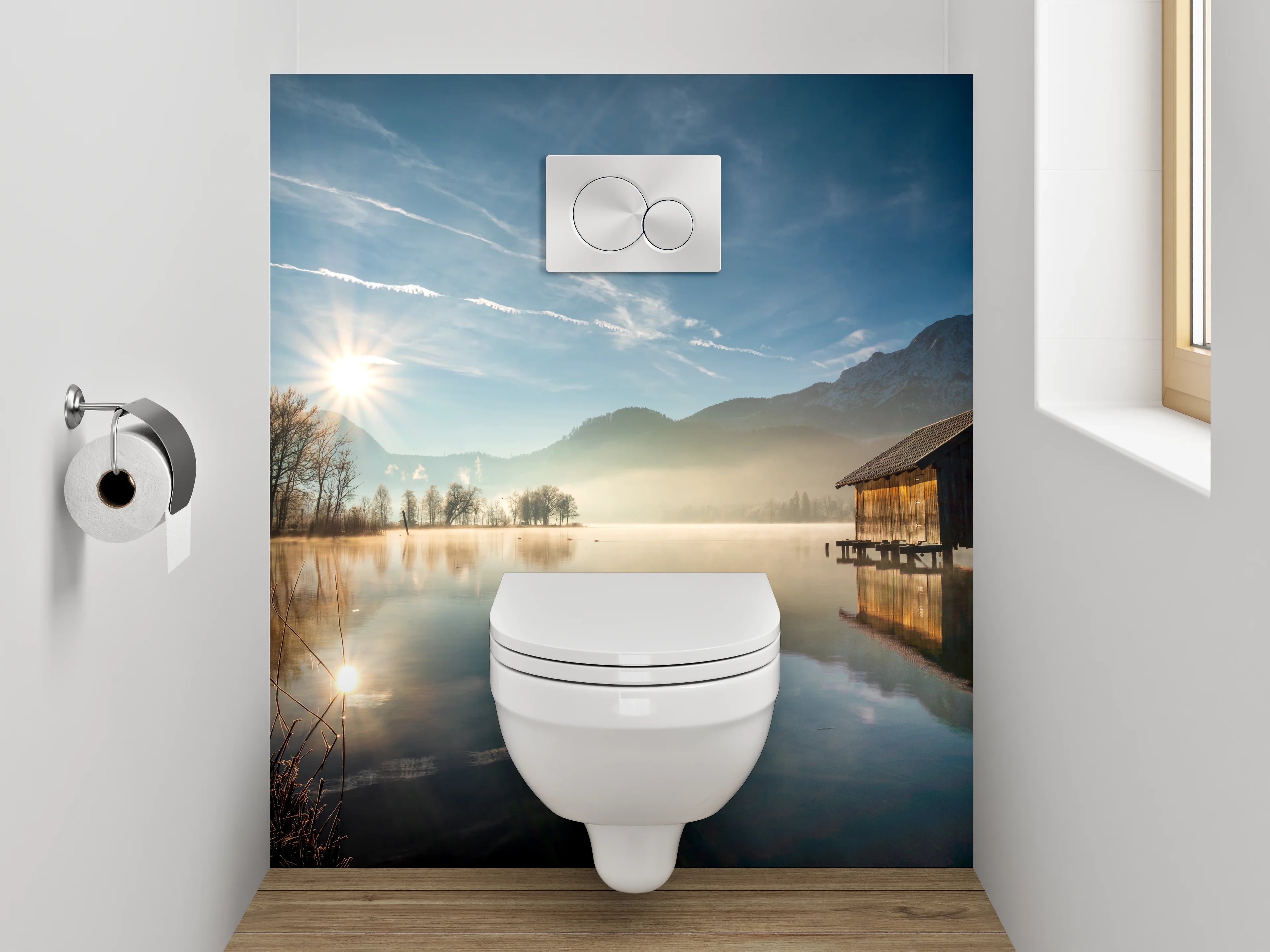 WC-Rückwand - Grauschimmer über stillen Wassern