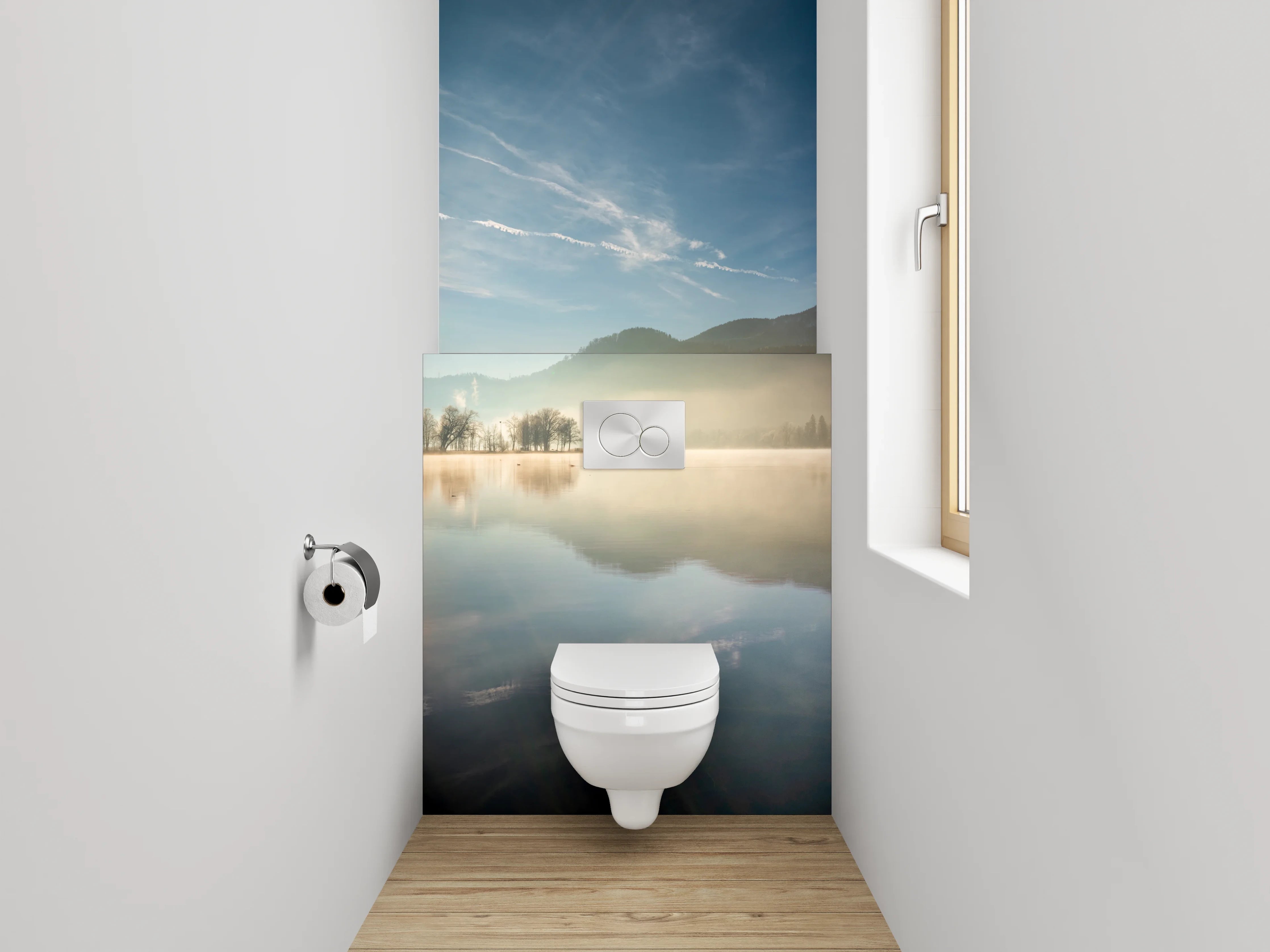 WC-Rückwand - Grauschimmer über stillen Wassern