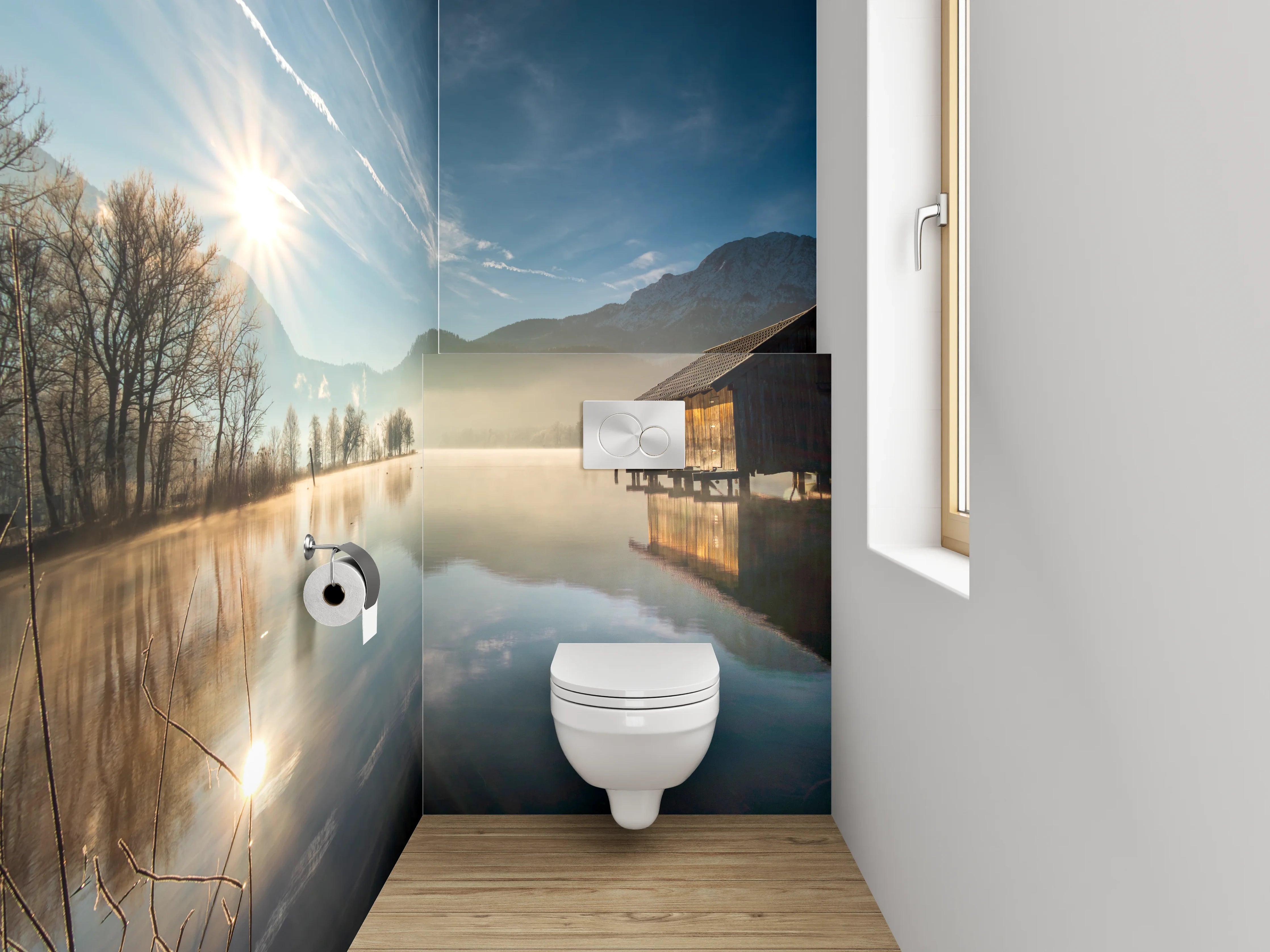 WC-Rückwand - Grauschimmer über stillen Wassern