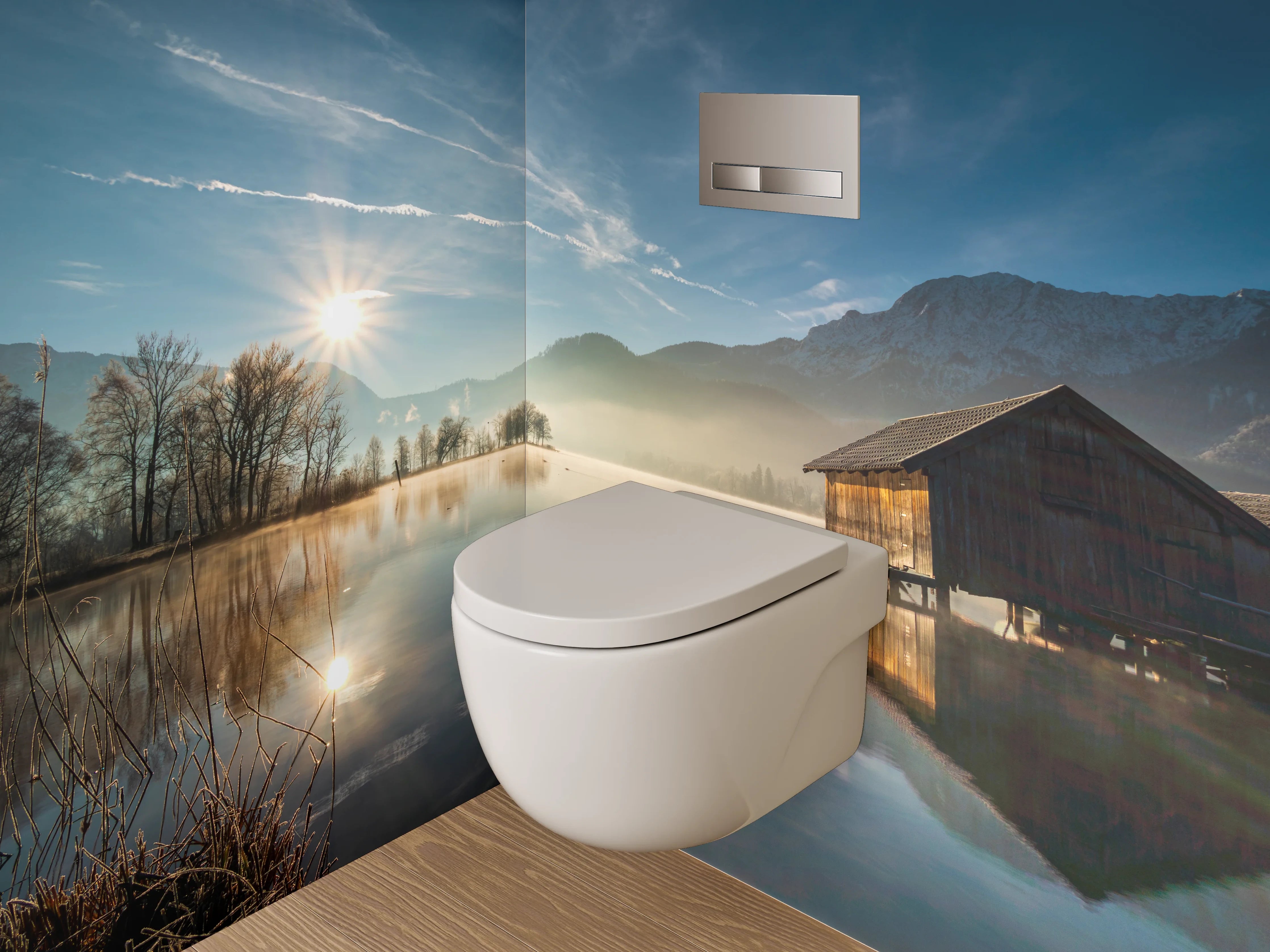 WC-Rückwand - Grauschimmer über stillen Wassern