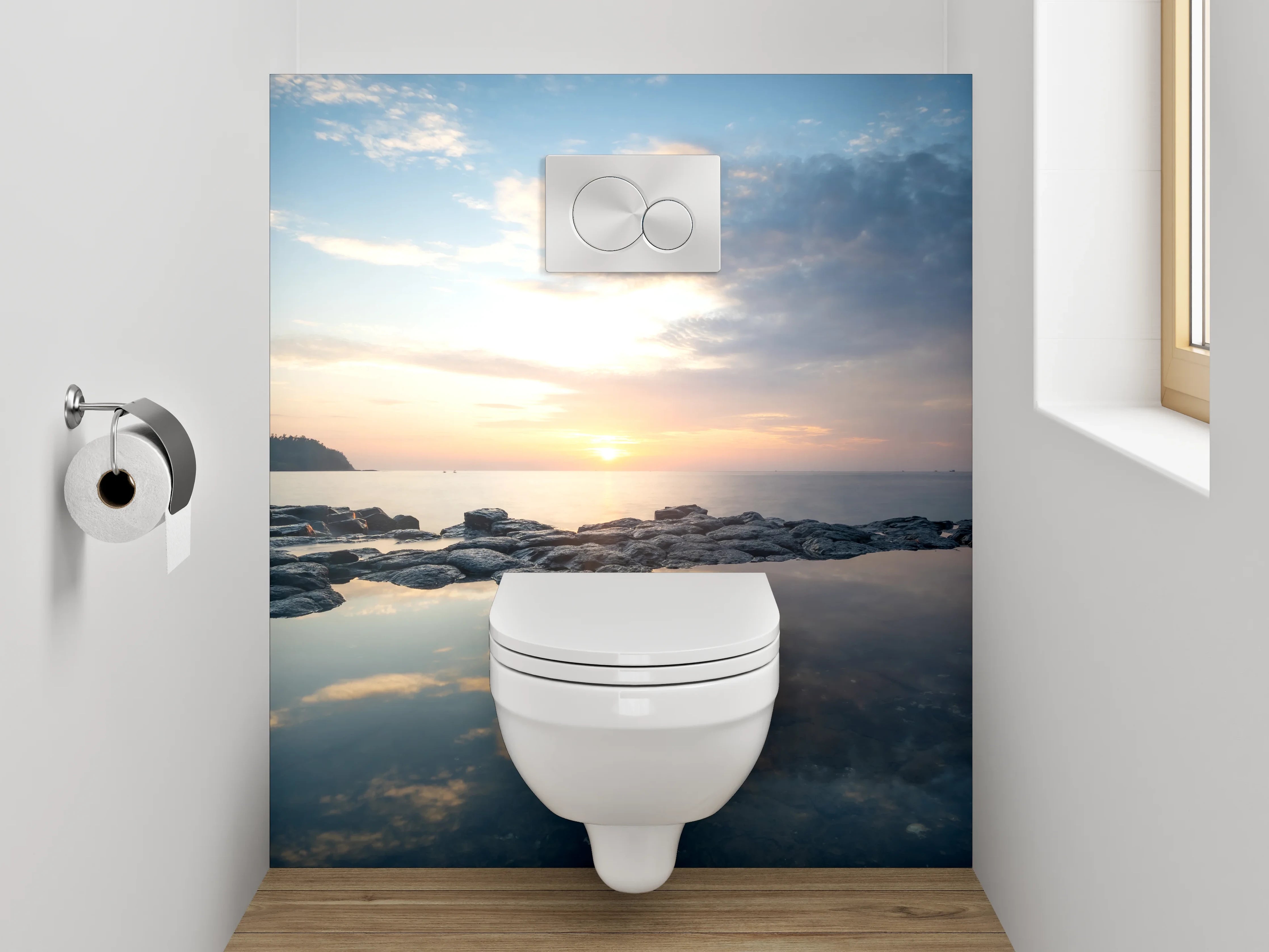 WC-Rückwand - Grauschimmer über stiller See