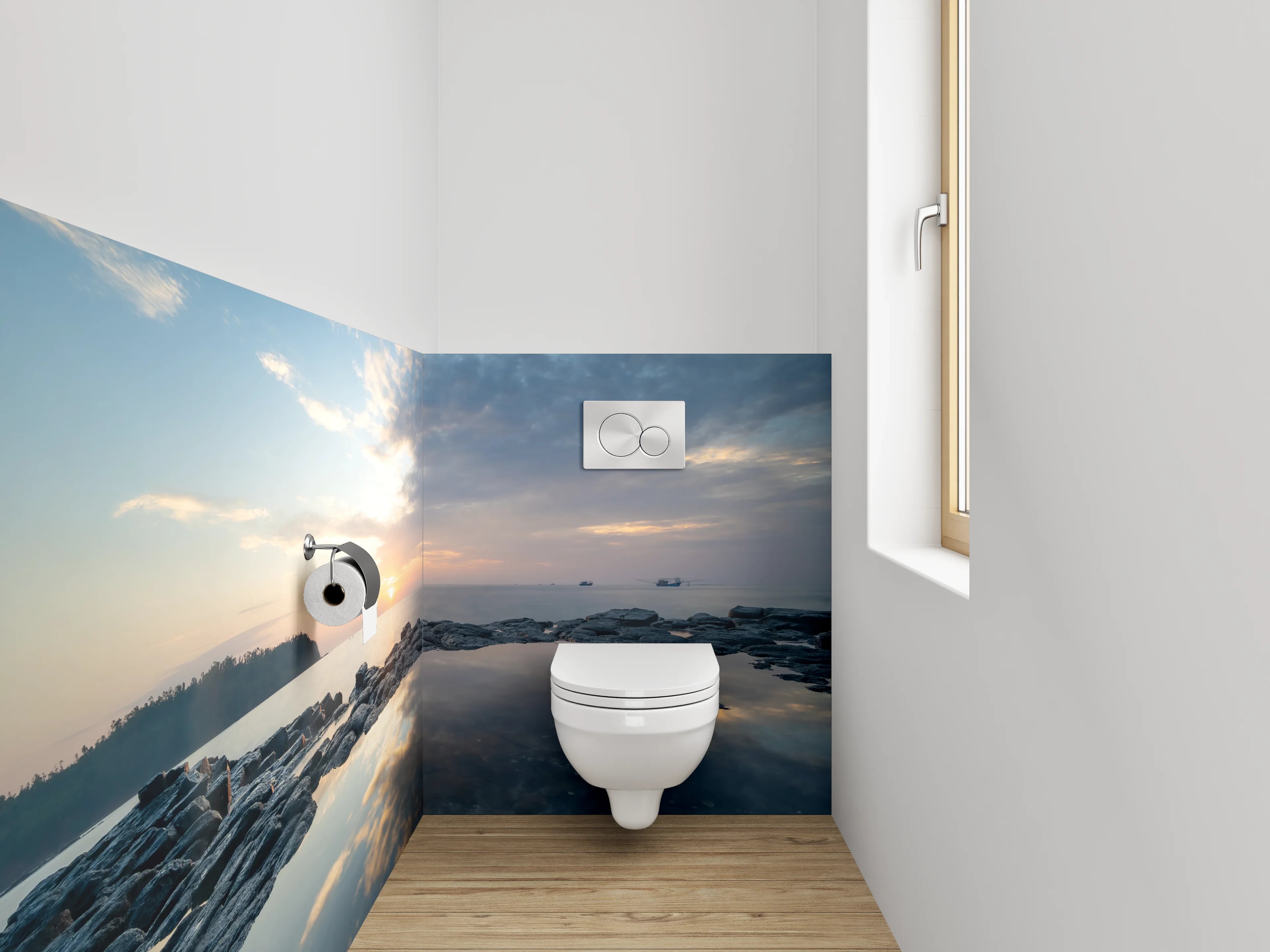 WC-Rückwand - Grauschimmer über stiller See