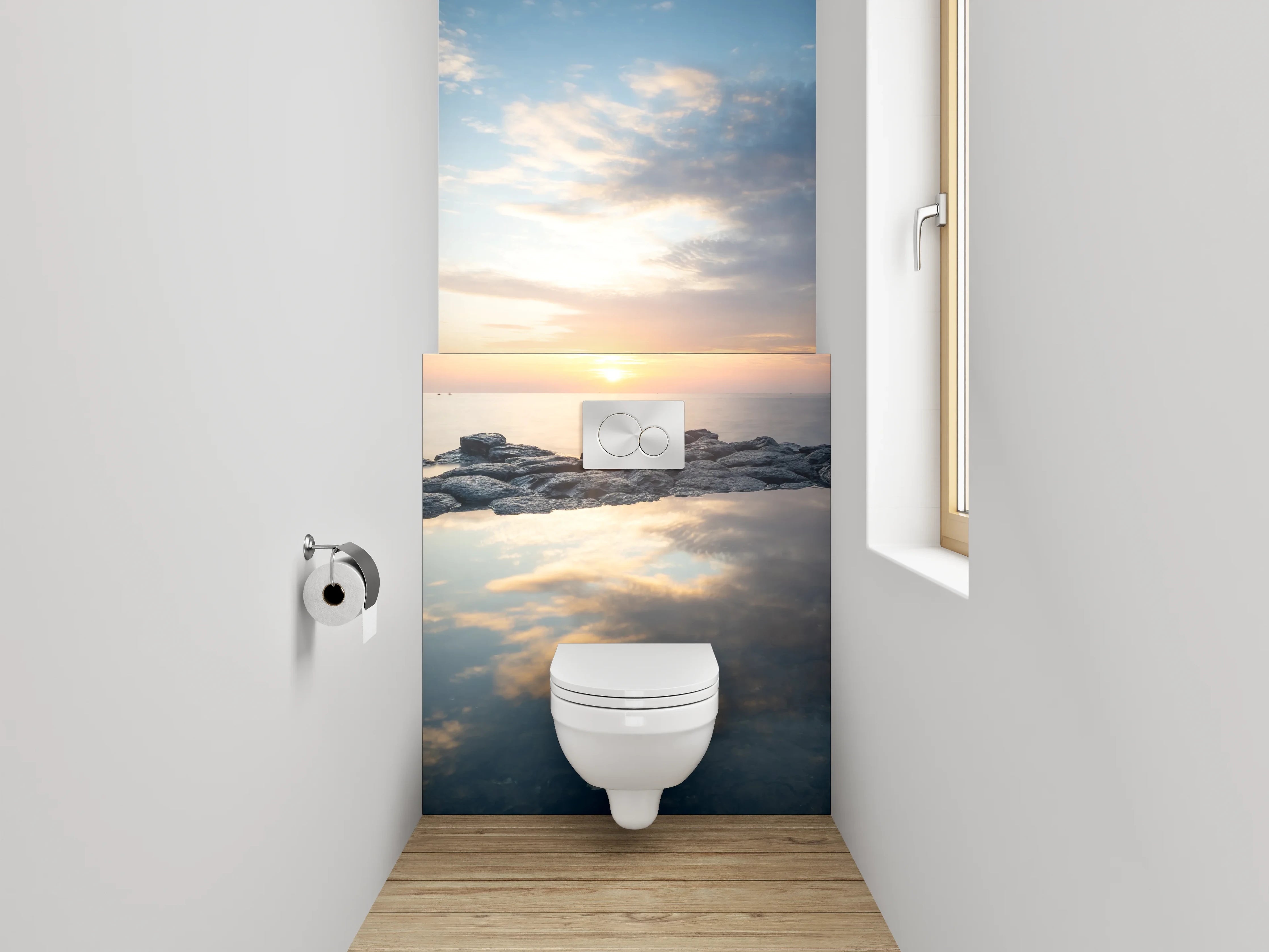 WC-Rückwand - Grauschimmer über stiller See