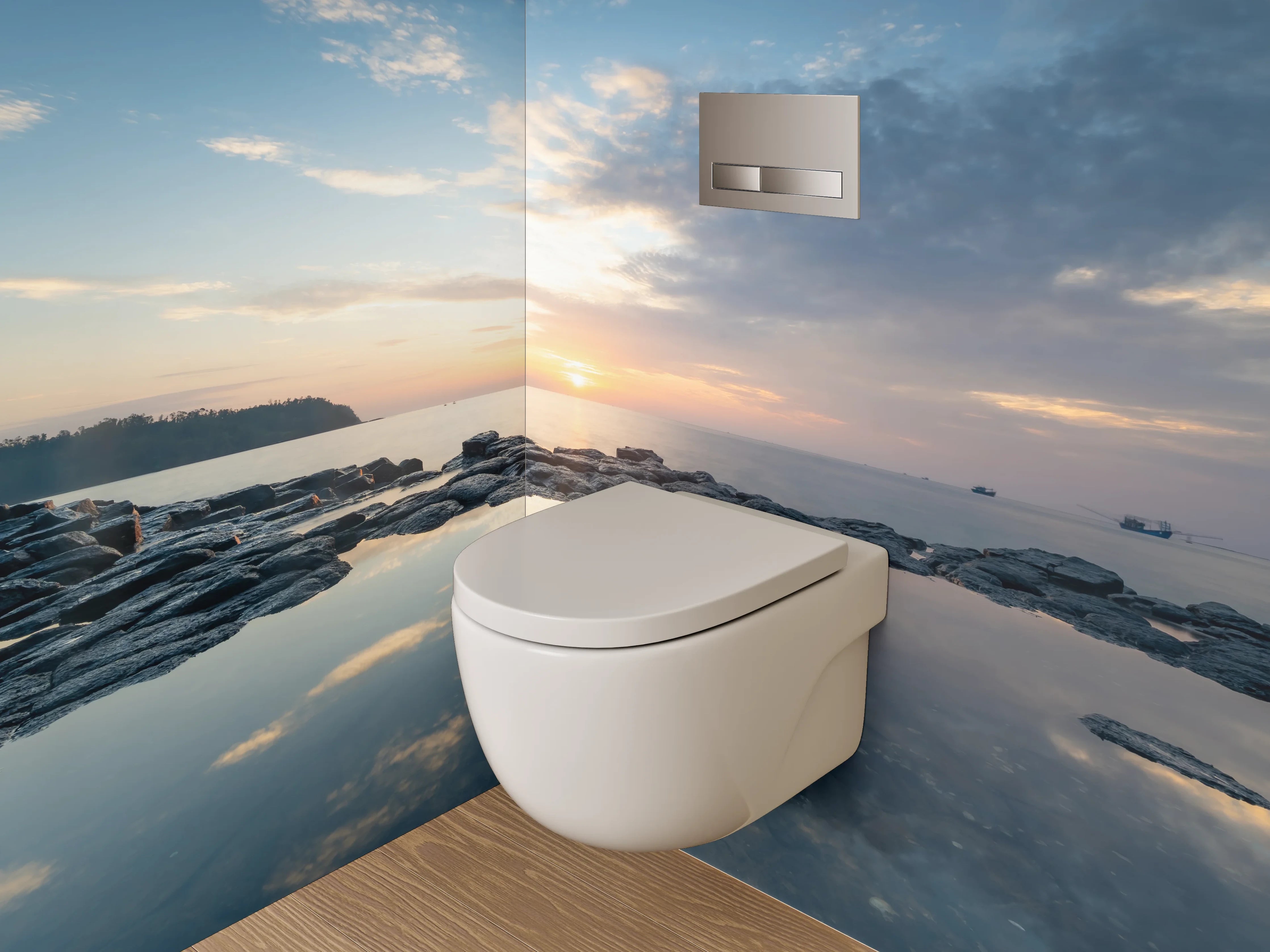 WC-Rückwand - Grauschimmer über stiller See
