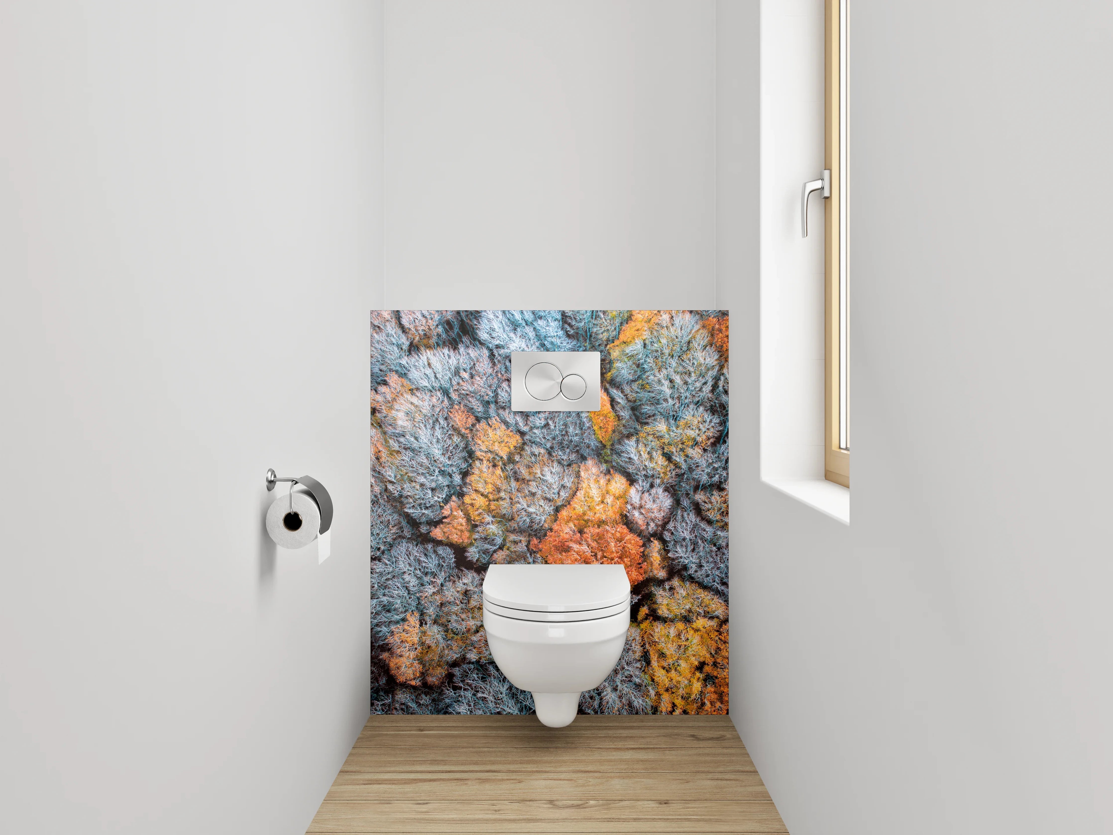 WC-Rückwand - Grauschimmer über weißen Herbstkronen
