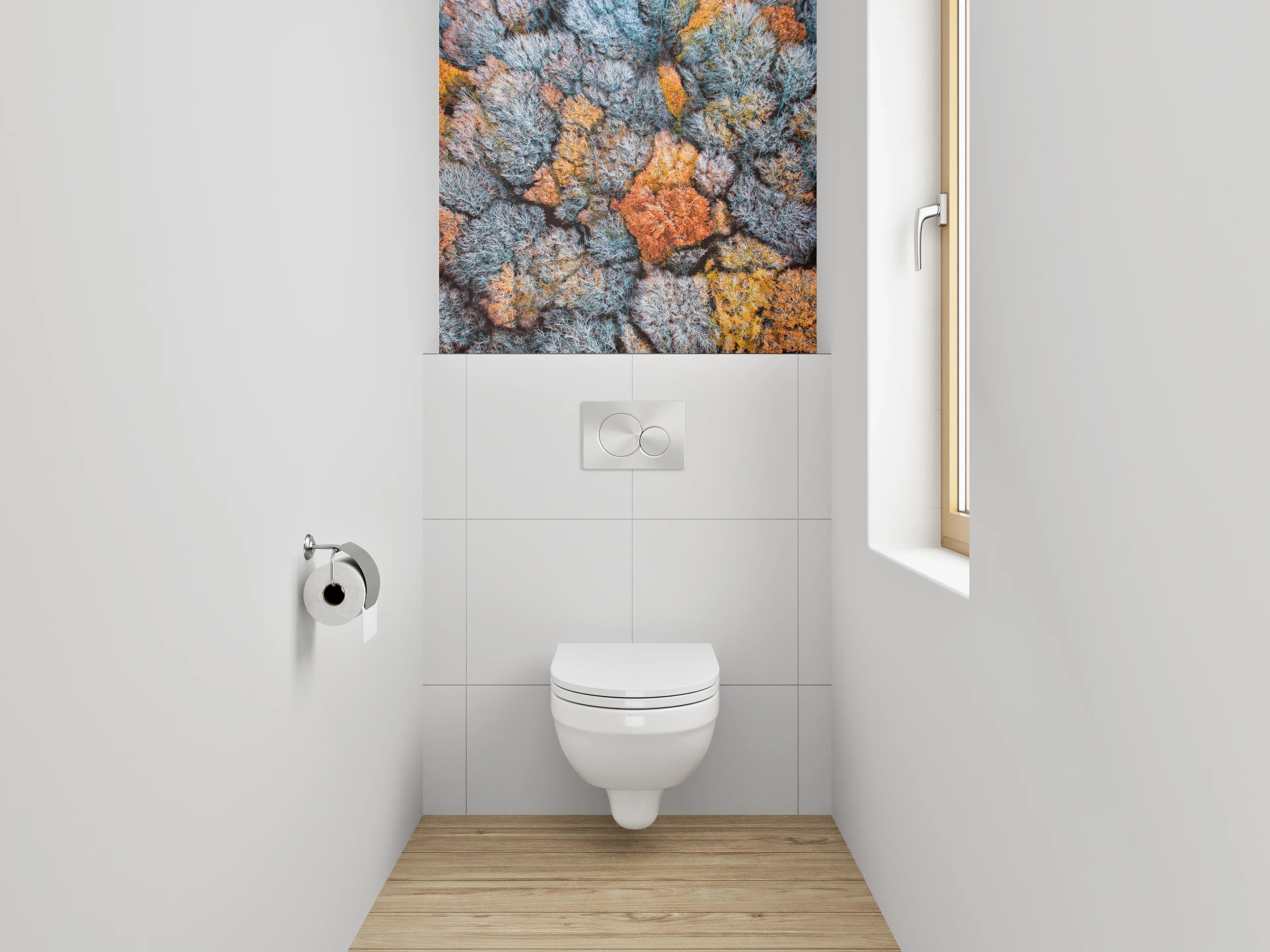WC-Rückwand - Grauschimmer über weißen Herbstkronen