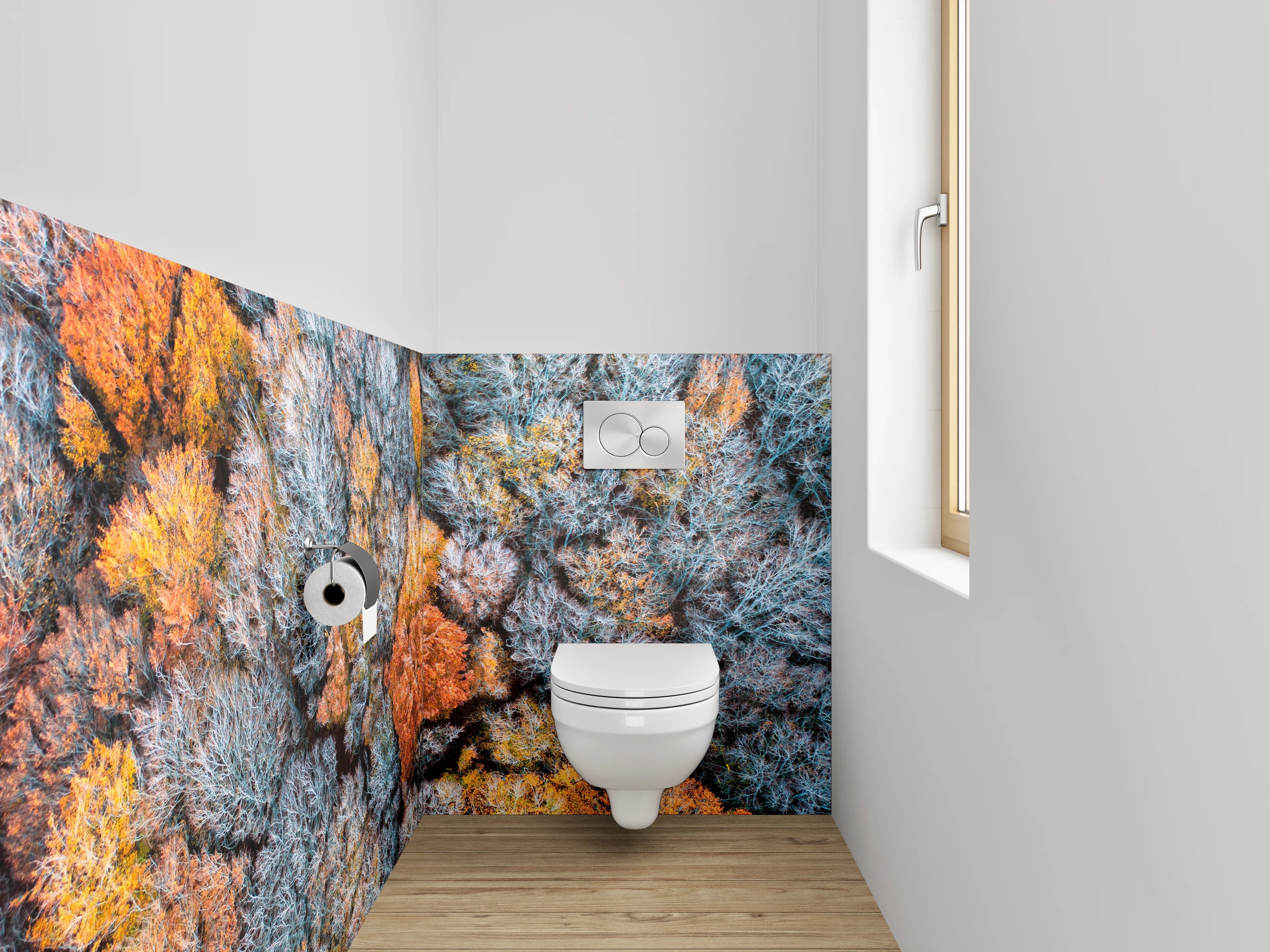 WC-Rückwand - Grauschimmer über weißen Herbstkronen