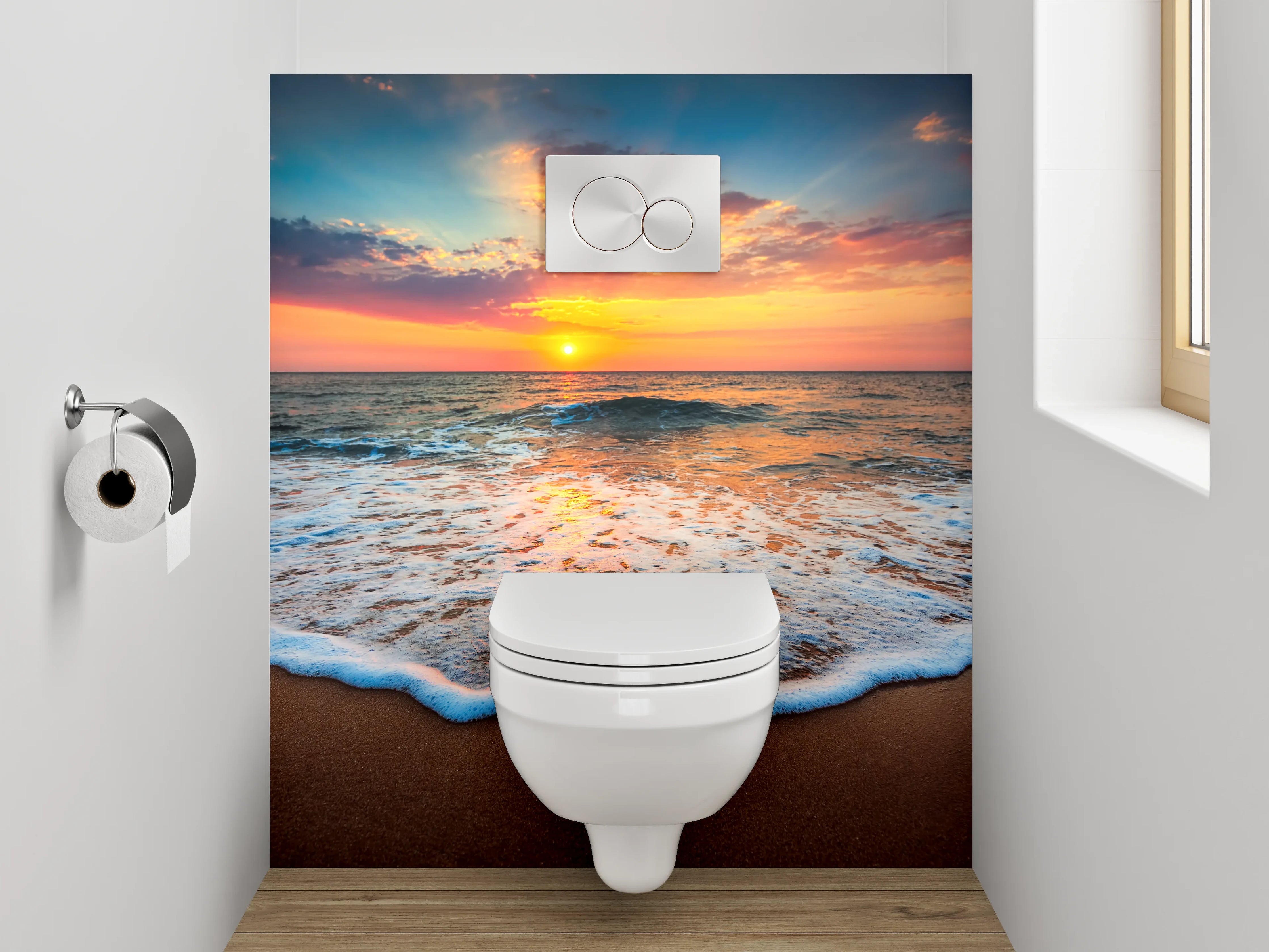 WC-Rückwand - Grauschimmer über weißen Meereswellen