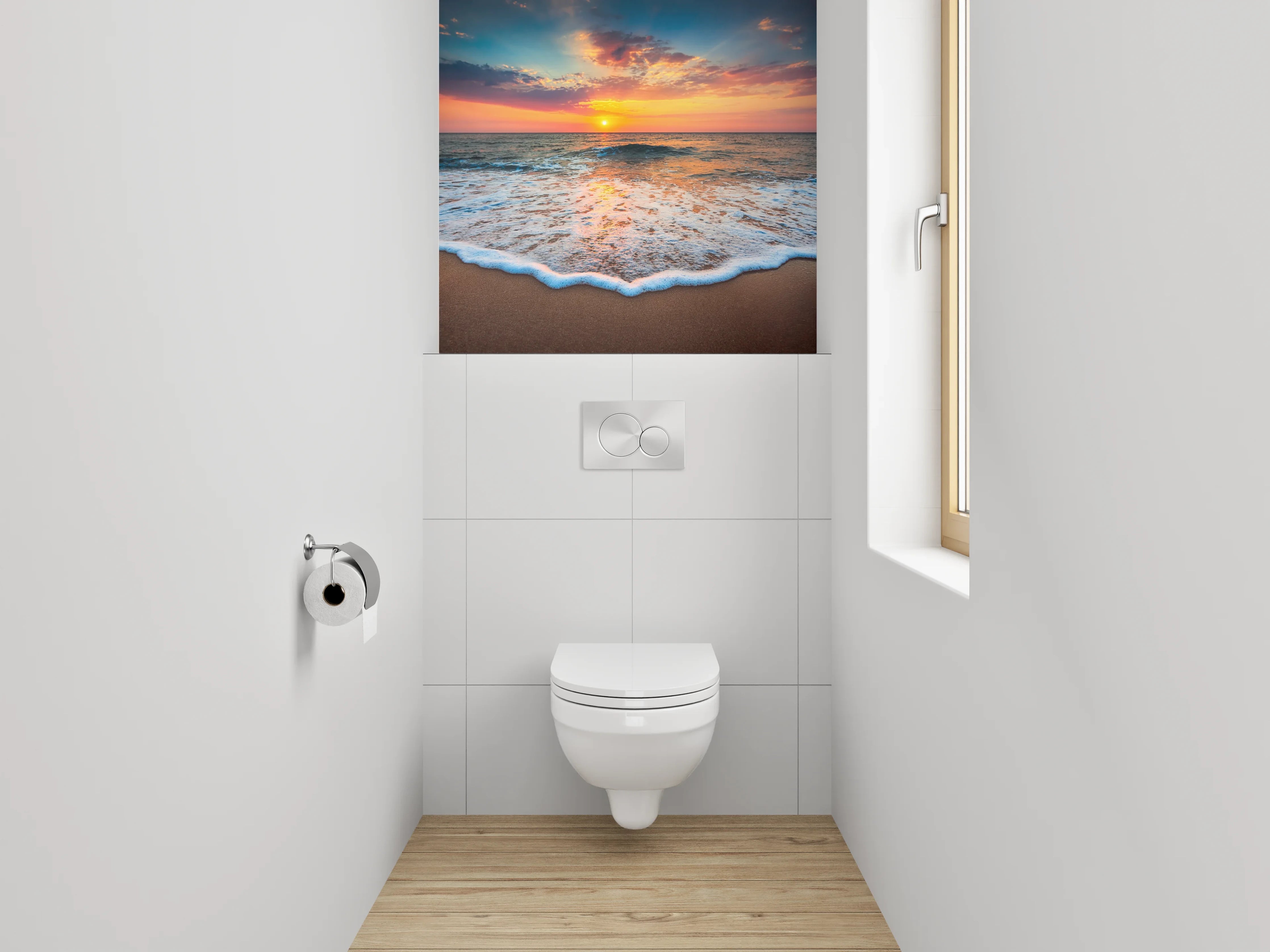 WC-Rückwand - Grauschimmer über weißen Meereswellen