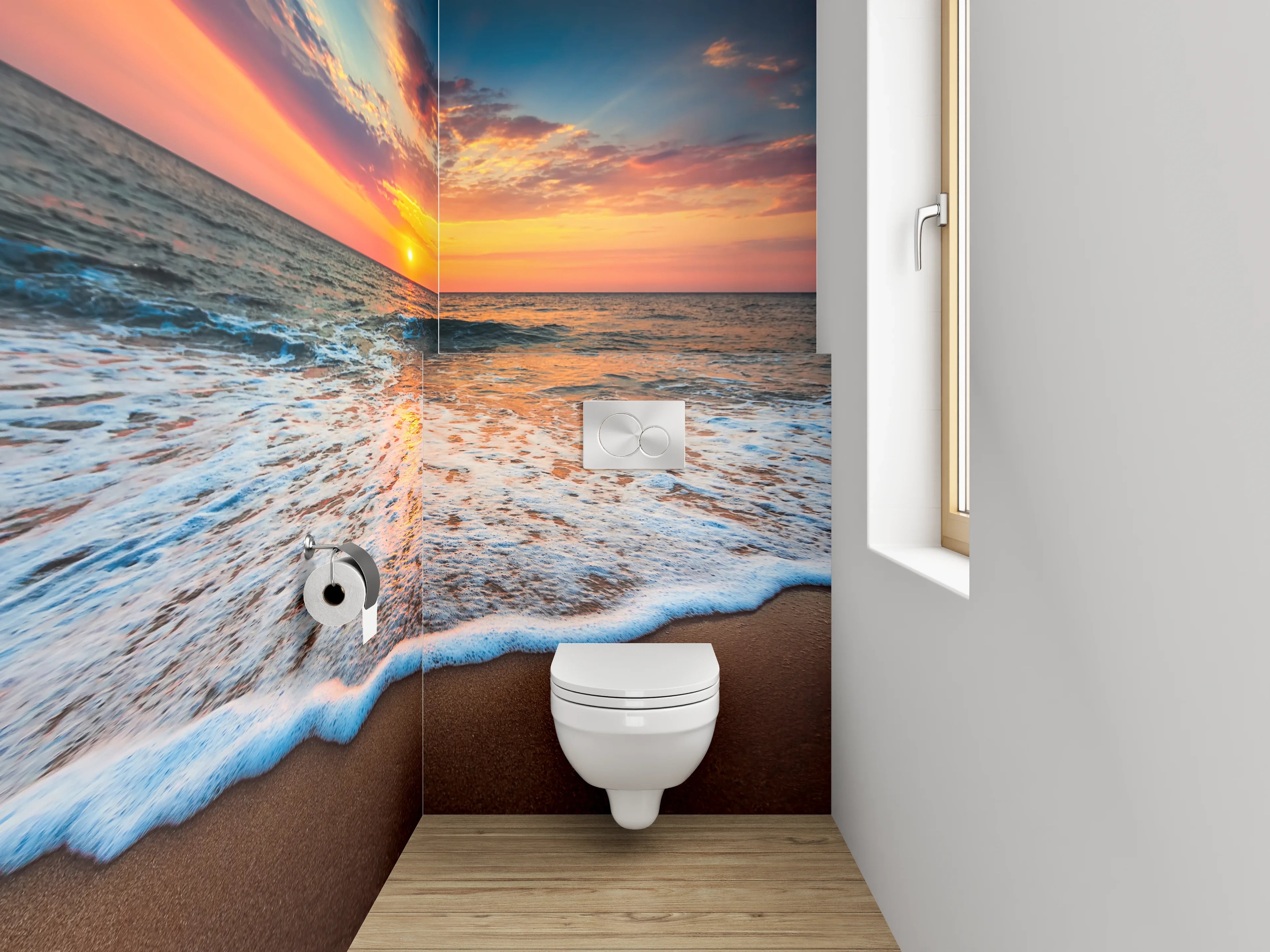 WC-Rückwand - Grauschimmer über weißen Meereswellen