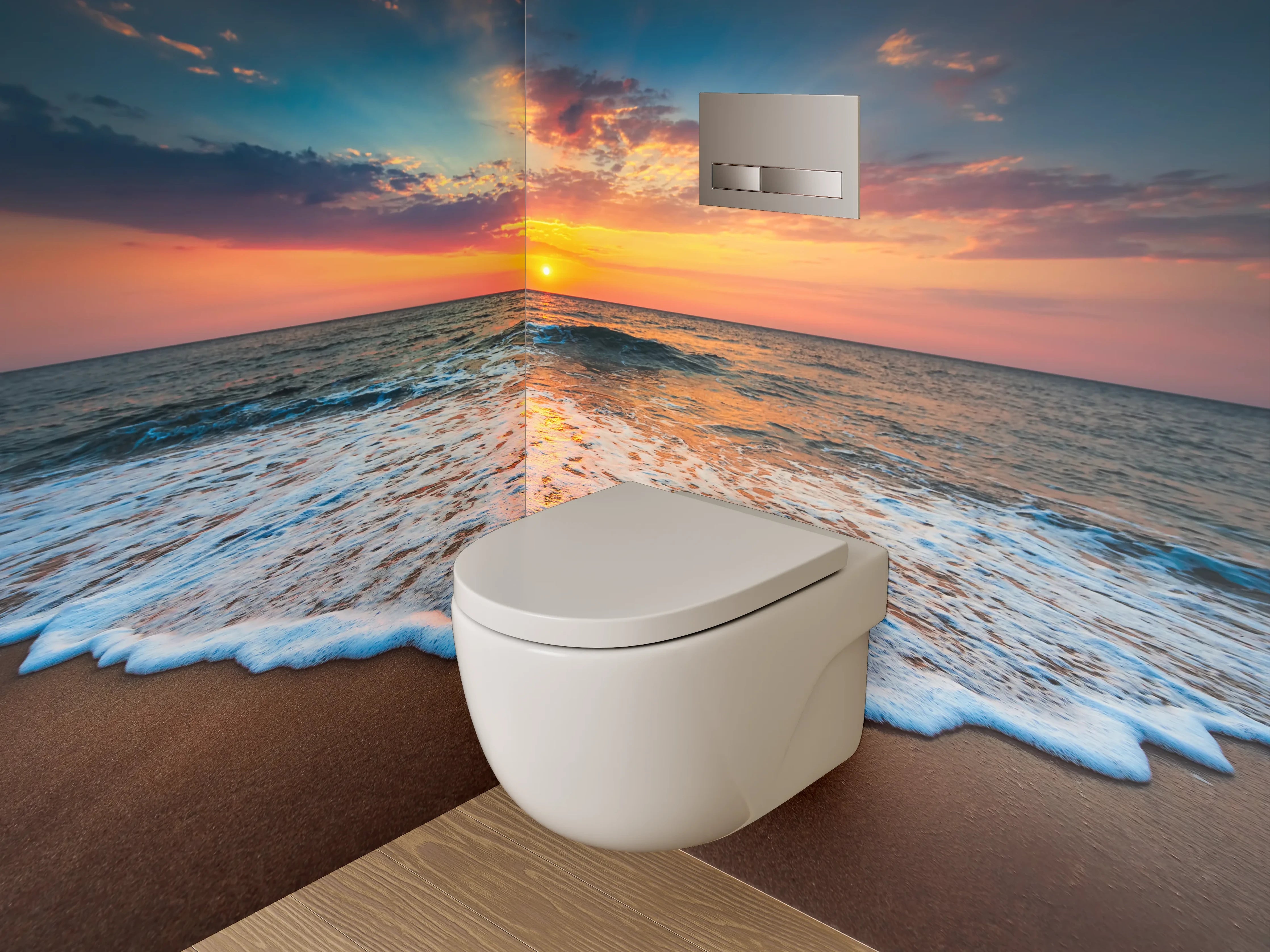 WC-Rückwand - Grauschimmer über weißen Meereswellen