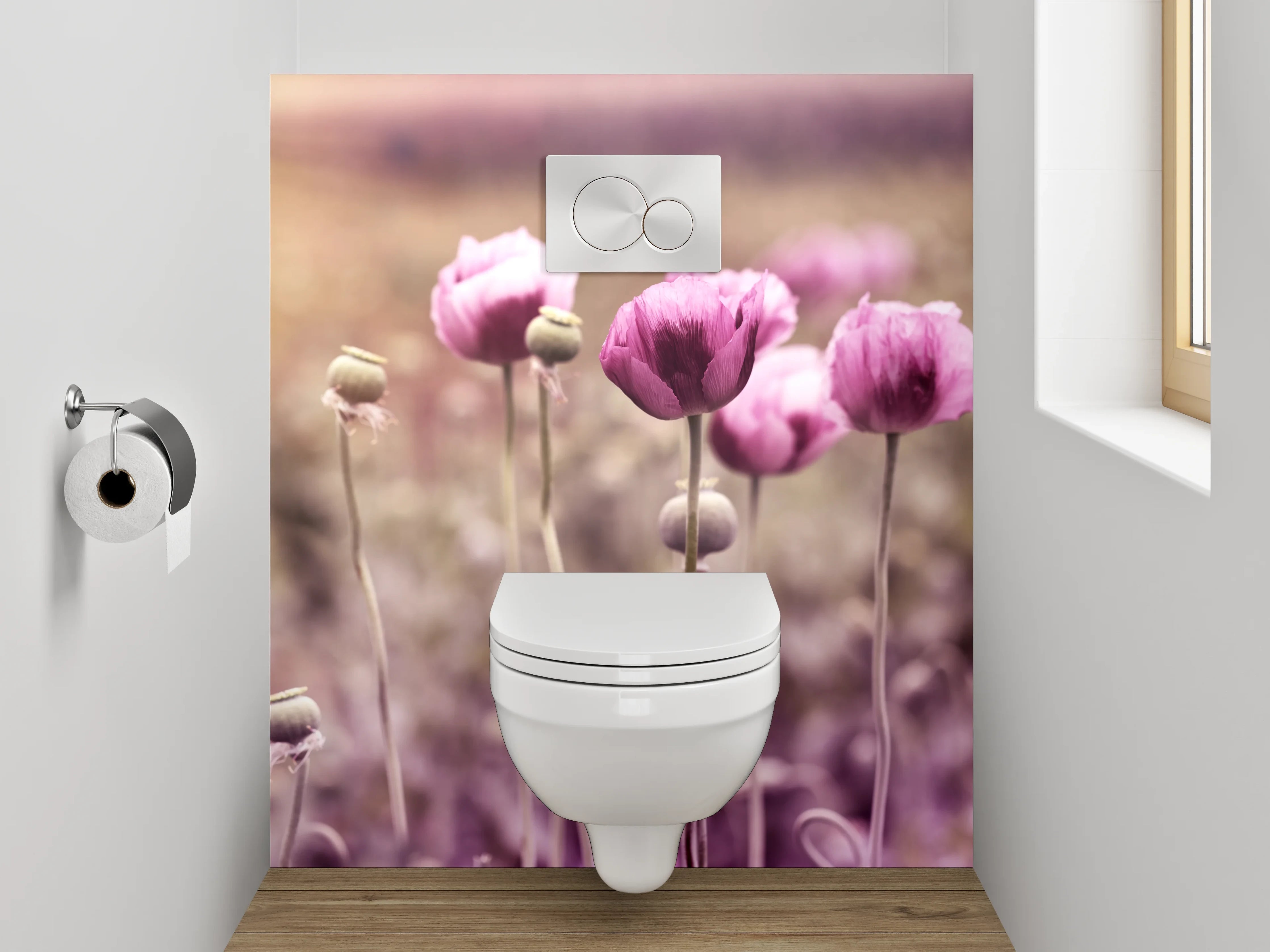 WC-Rückwand - Grauschimmer über weißen Mohnblüten
