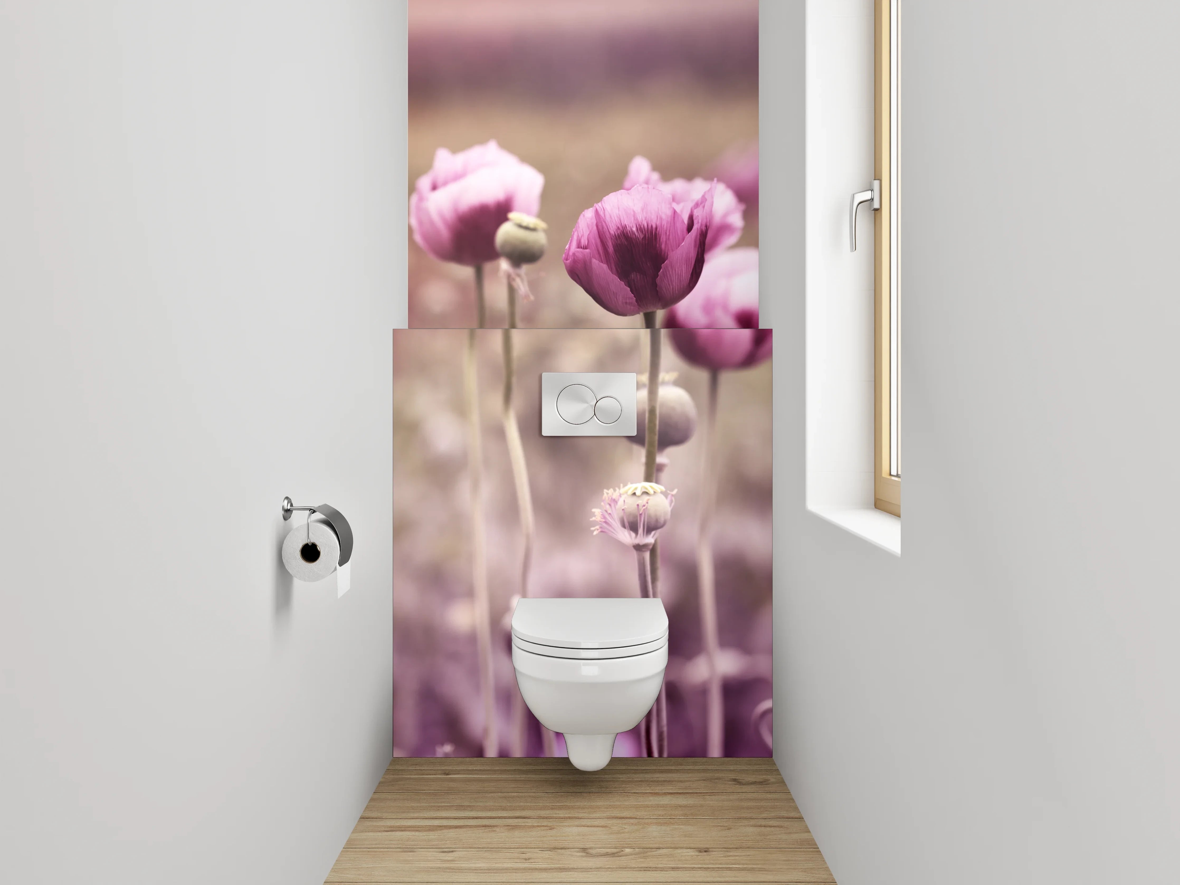 WC-Rückwand - Grauschimmer über weißen Mohnblüten