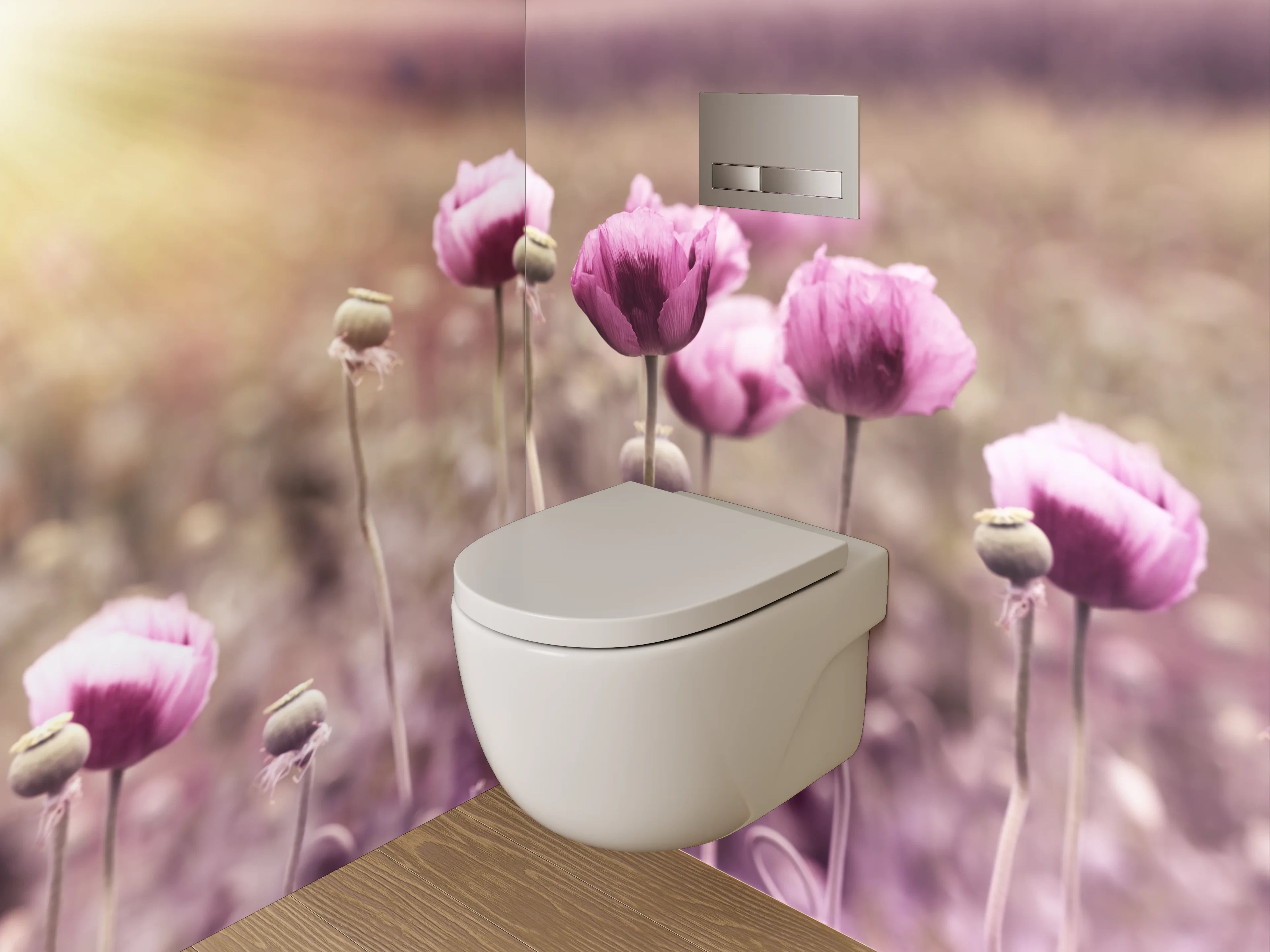 WC-Rückwand - Grauschimmer über weißen Mohnblüten