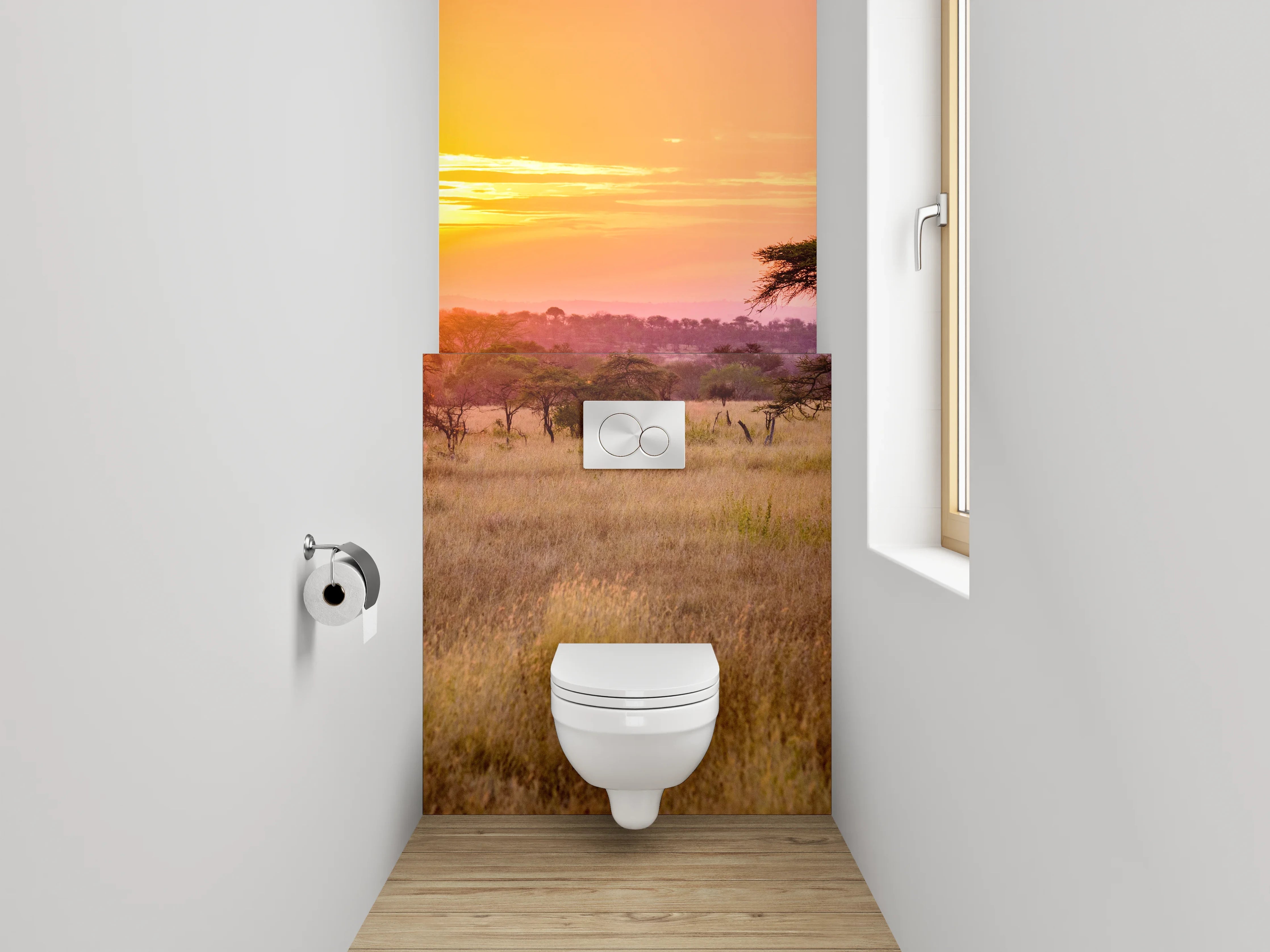 WC-Rückwand - Grauschimmer über weißer Steppe