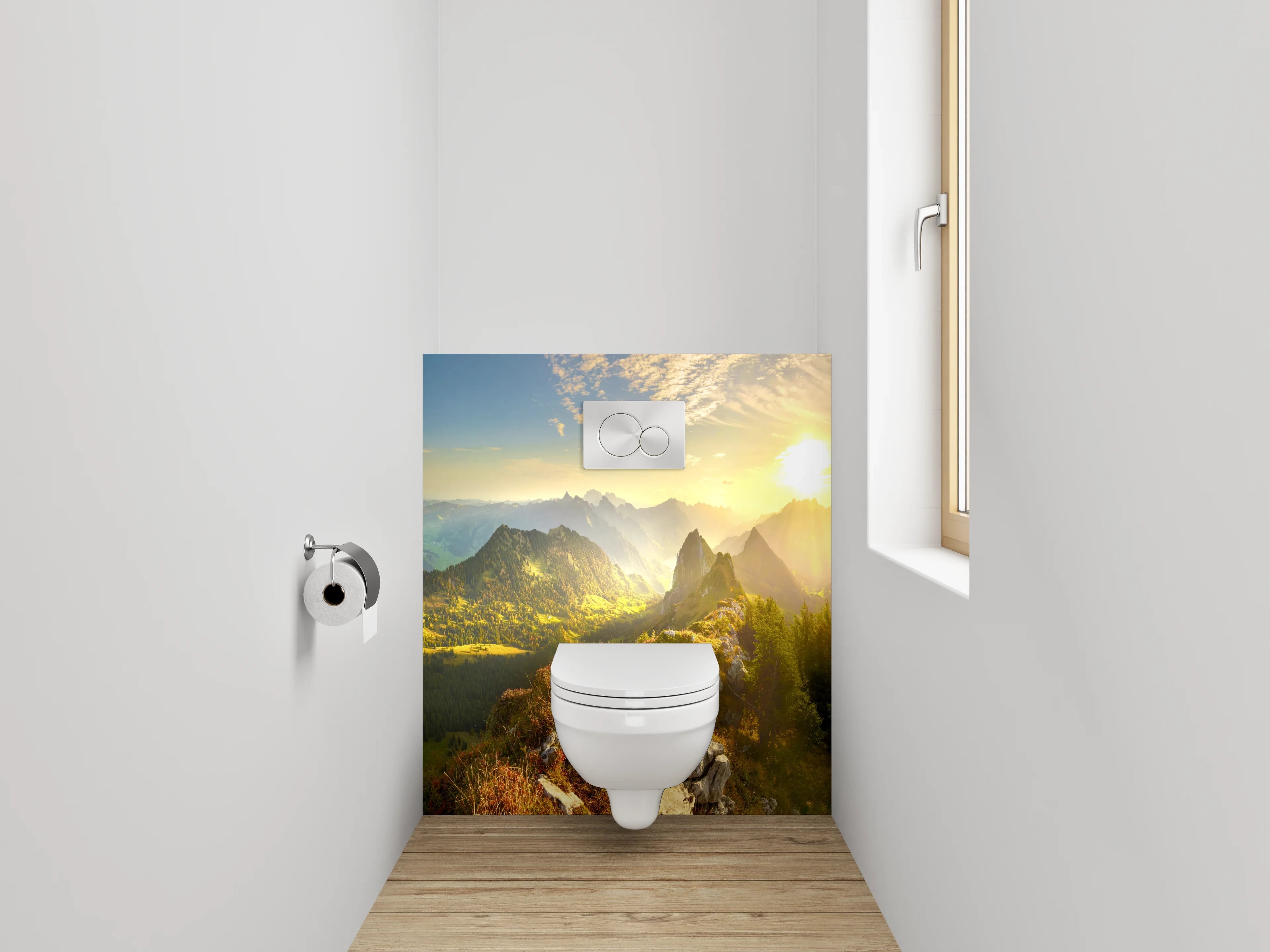 WC-Rückwand - Grauschimmernde Alpen im Morgenglühen