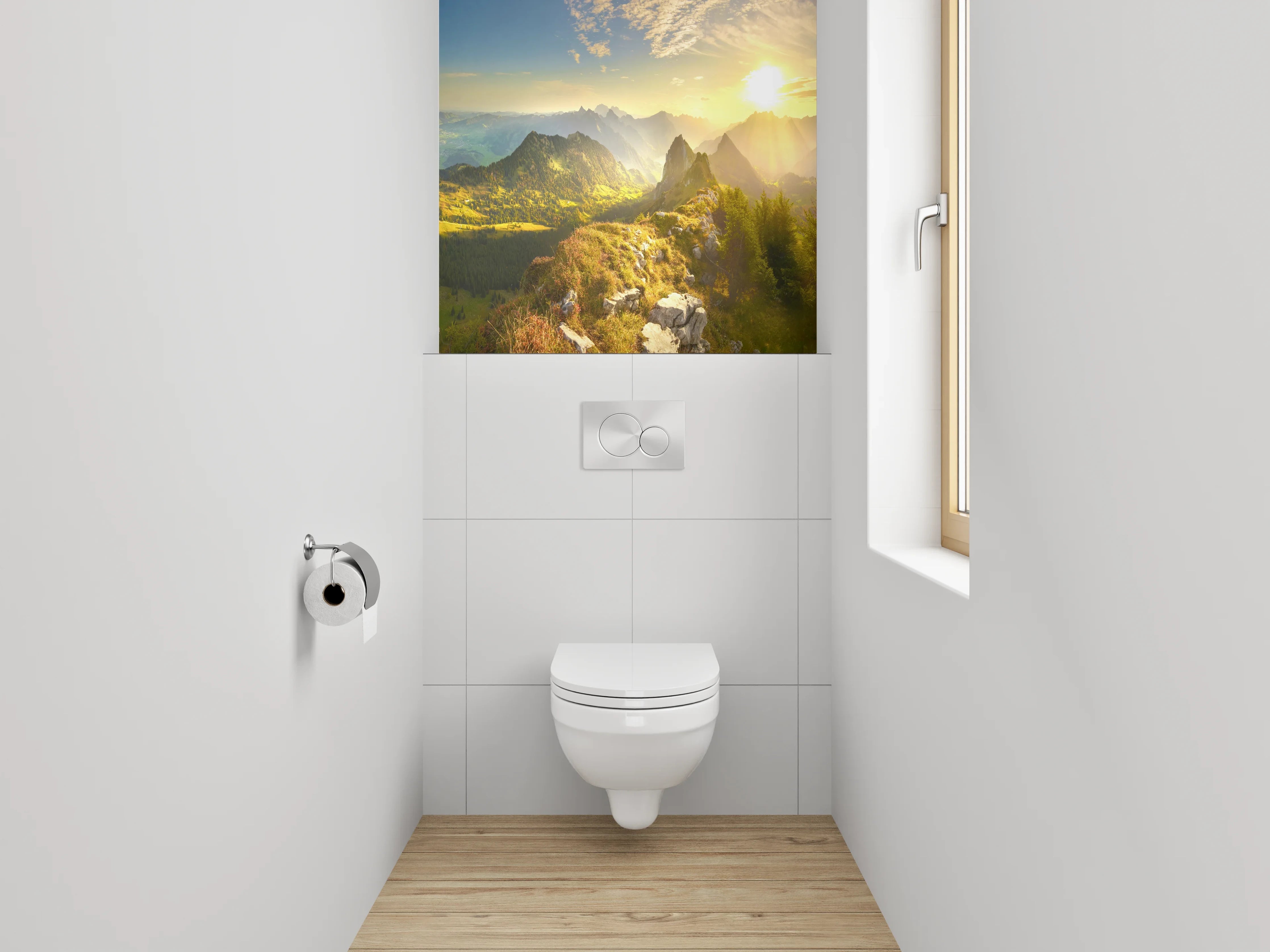 WC-Rückwand - Grauschimmernde Alpen im Morgenglühen