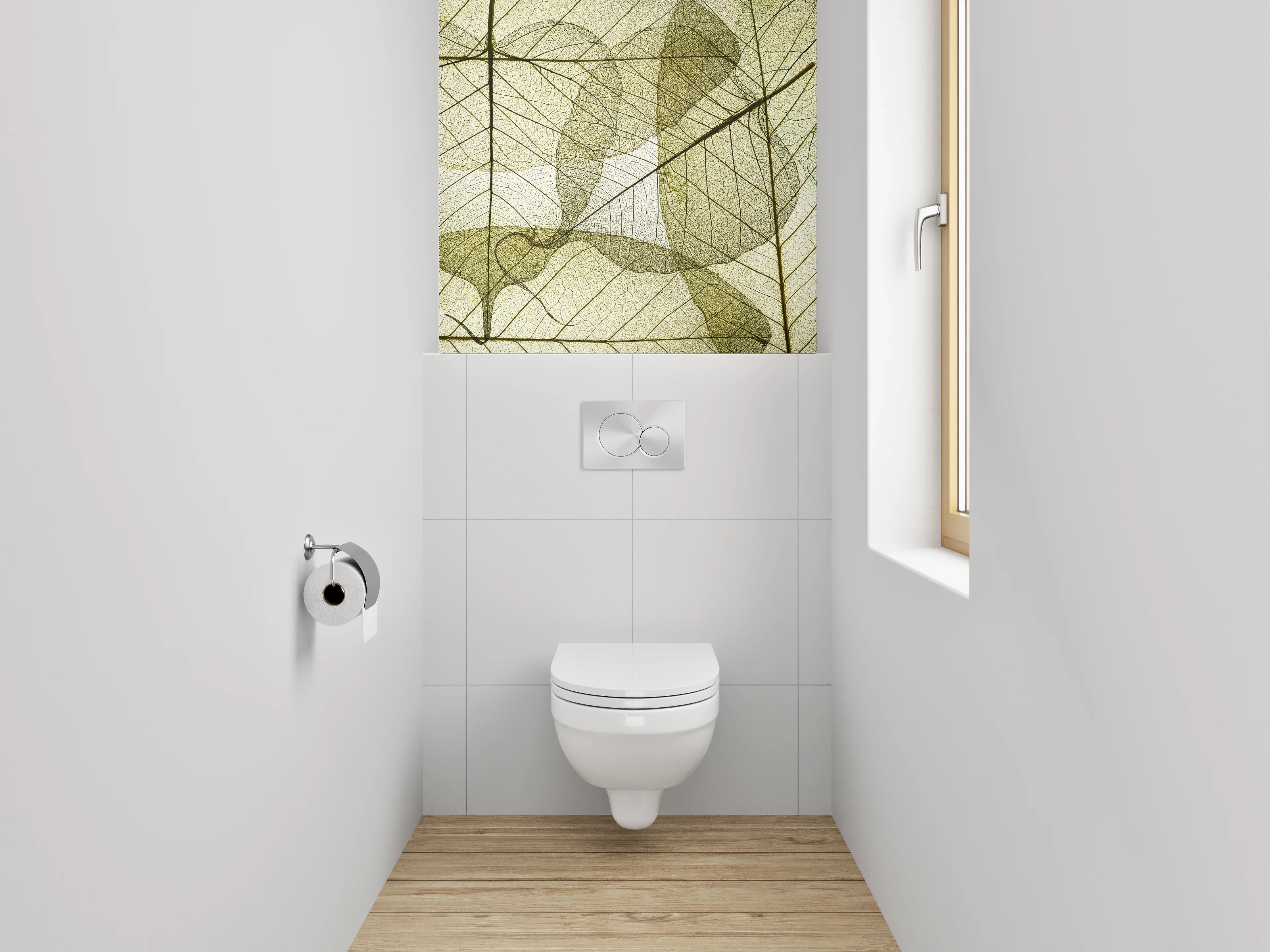 WC-Rückwand - Grauschimmernde Blätter im Licht