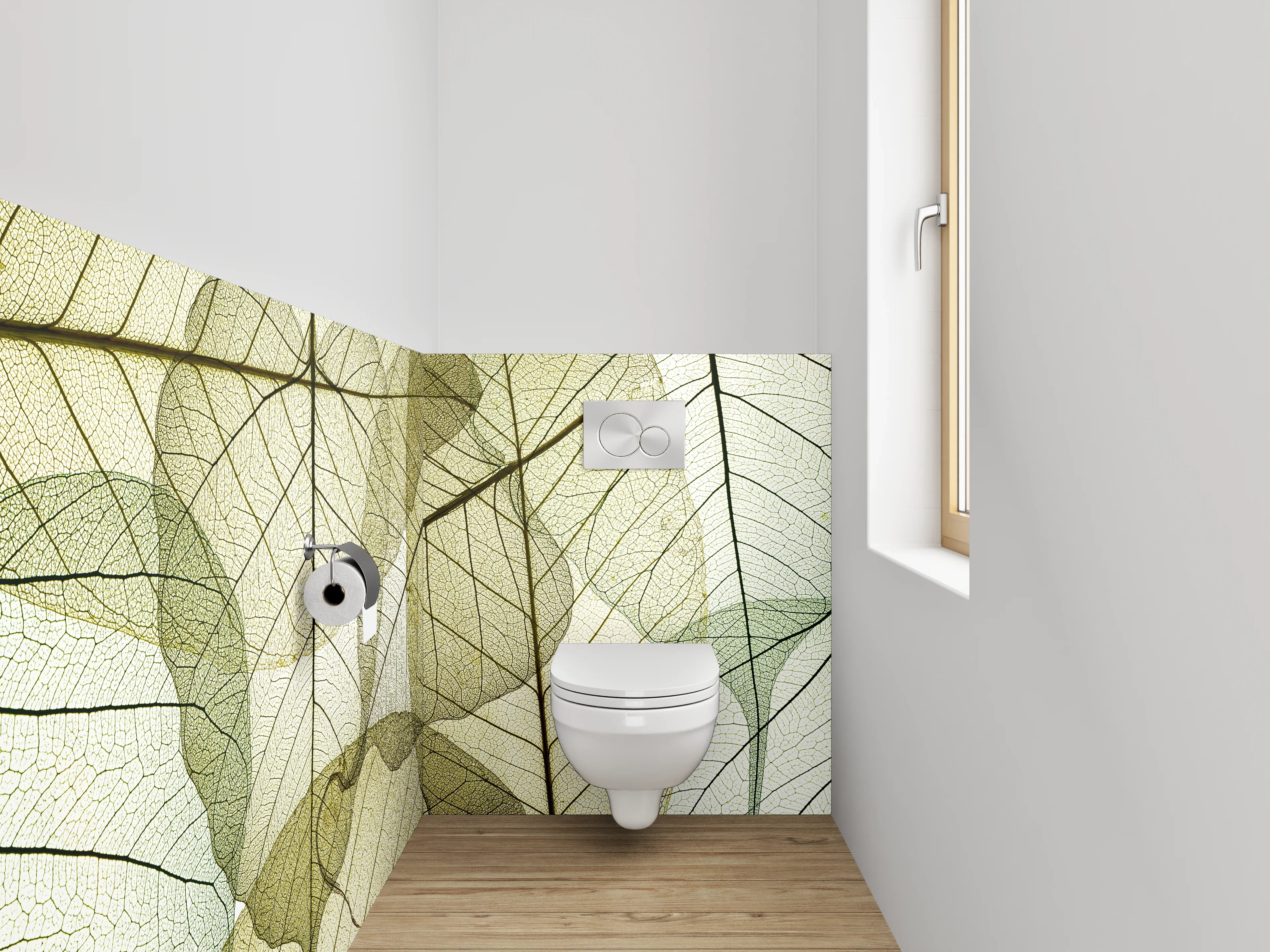 WC-Rückwand - Grauschimmernde Blätter im Licht