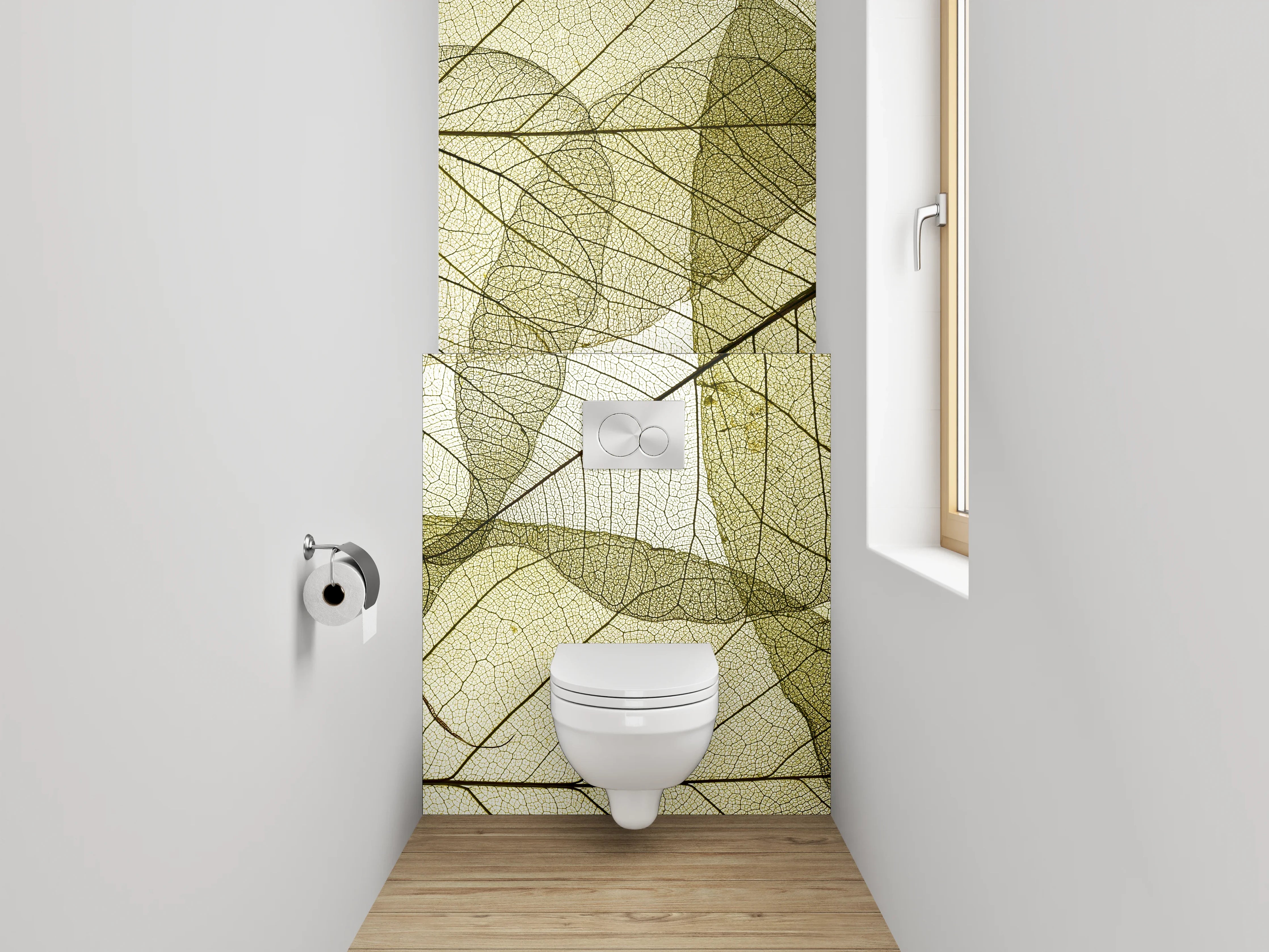 WC-Rückwand - Grauschimmernde Blätter im Licht