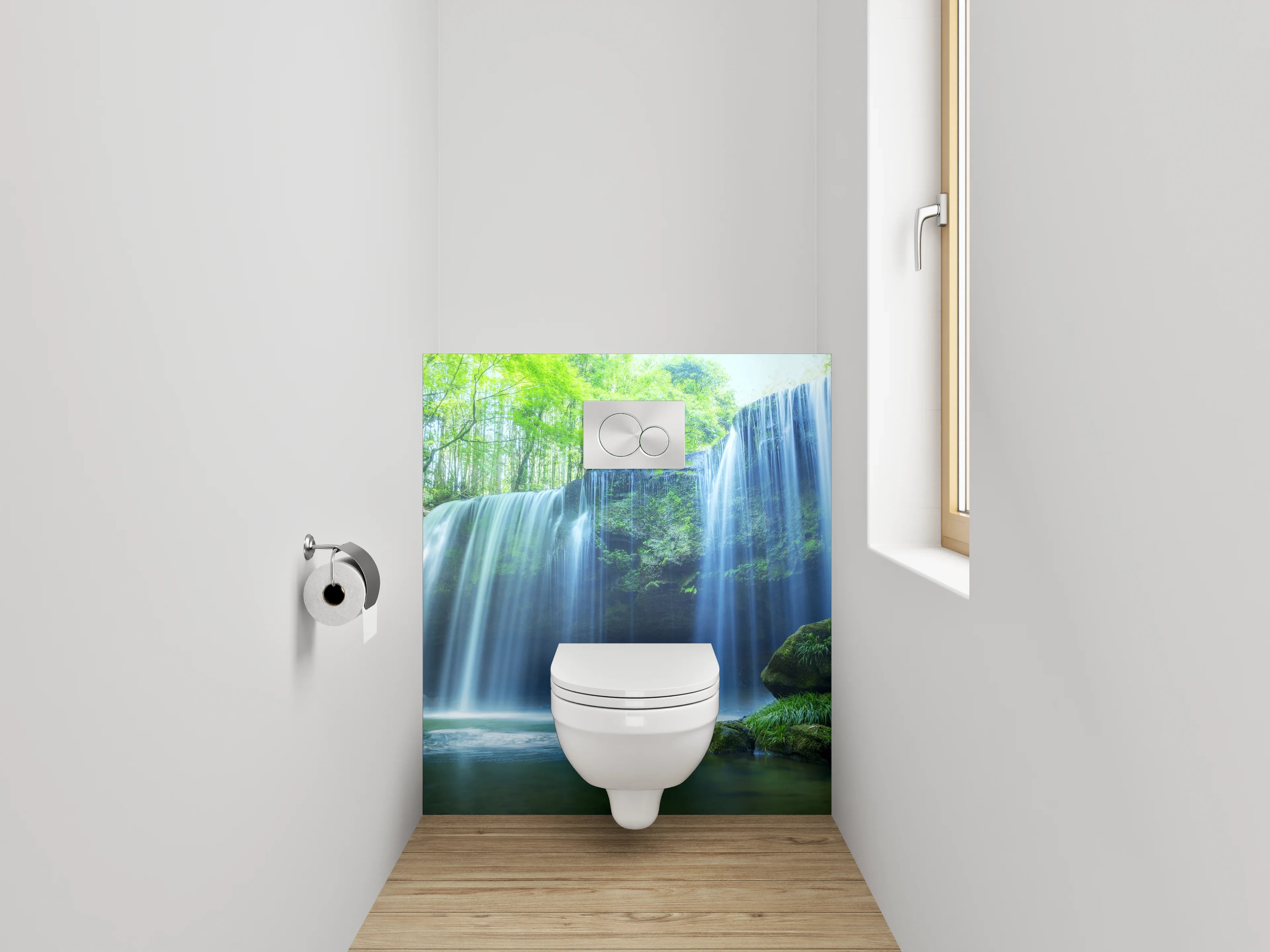 WC-Rückwand - Grauschimmernde Kaskade im stillen Forst