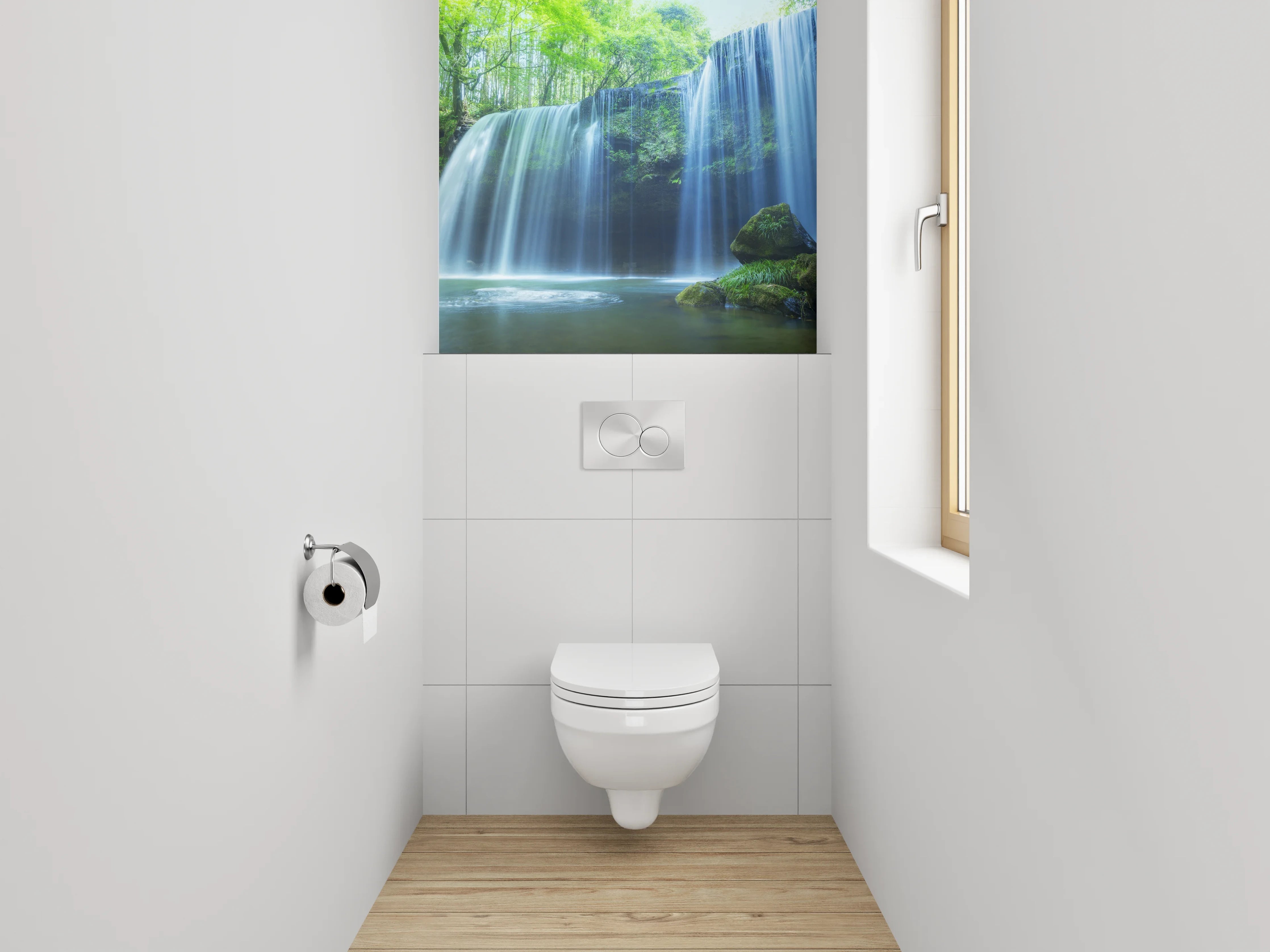WC-Rückwand - Grauschimmernde Kaskade im stillen Forst