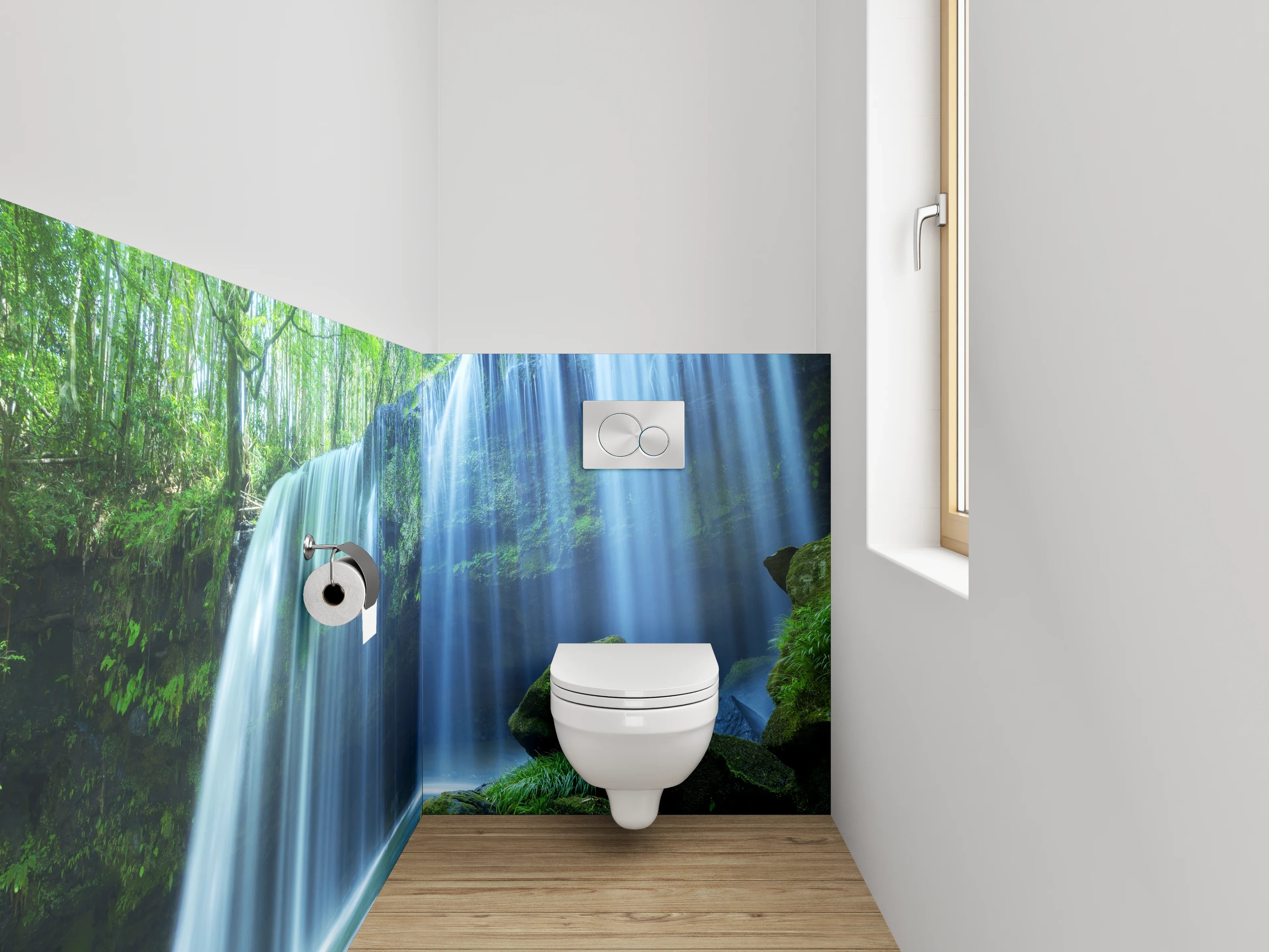 WC-Rückwand - Grauschimmernde Kaskade im stillen Forst