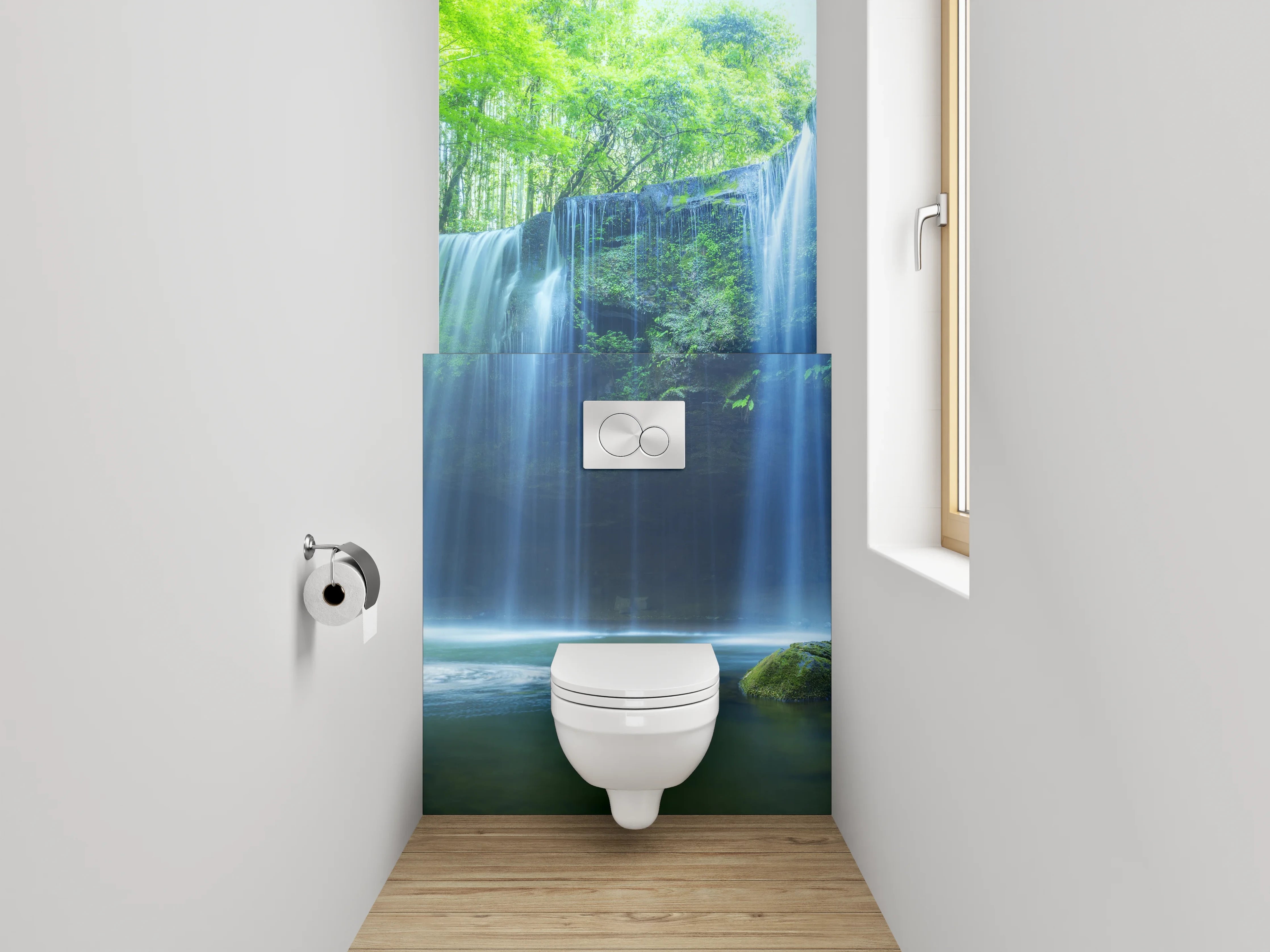 WC-Rückwand - Grauschimmernde Kaskade im stillen Forst