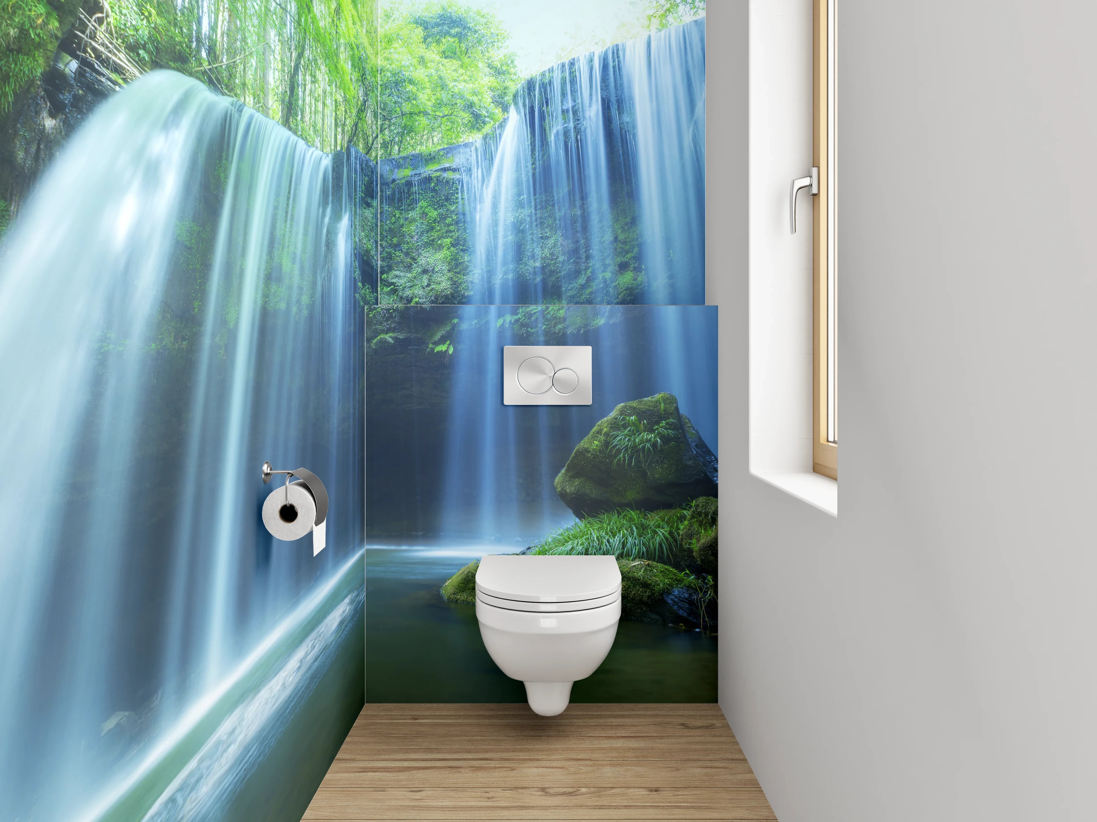 WC-Rückwand - Grauschimmernde Kaskade im stillen Forst