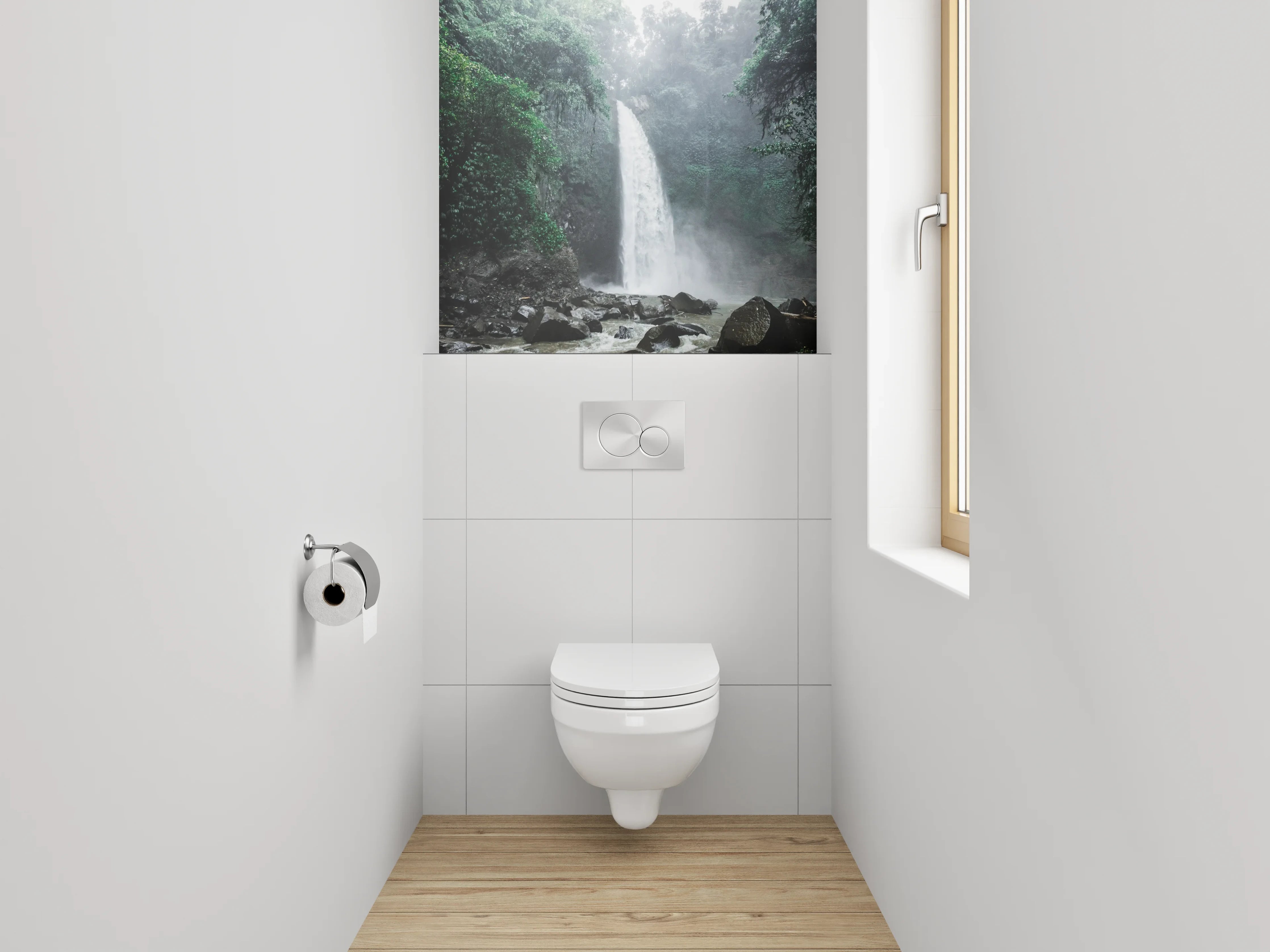 WC-Rückwand - Grauschimmernde Wasserfälle im Nebelwald