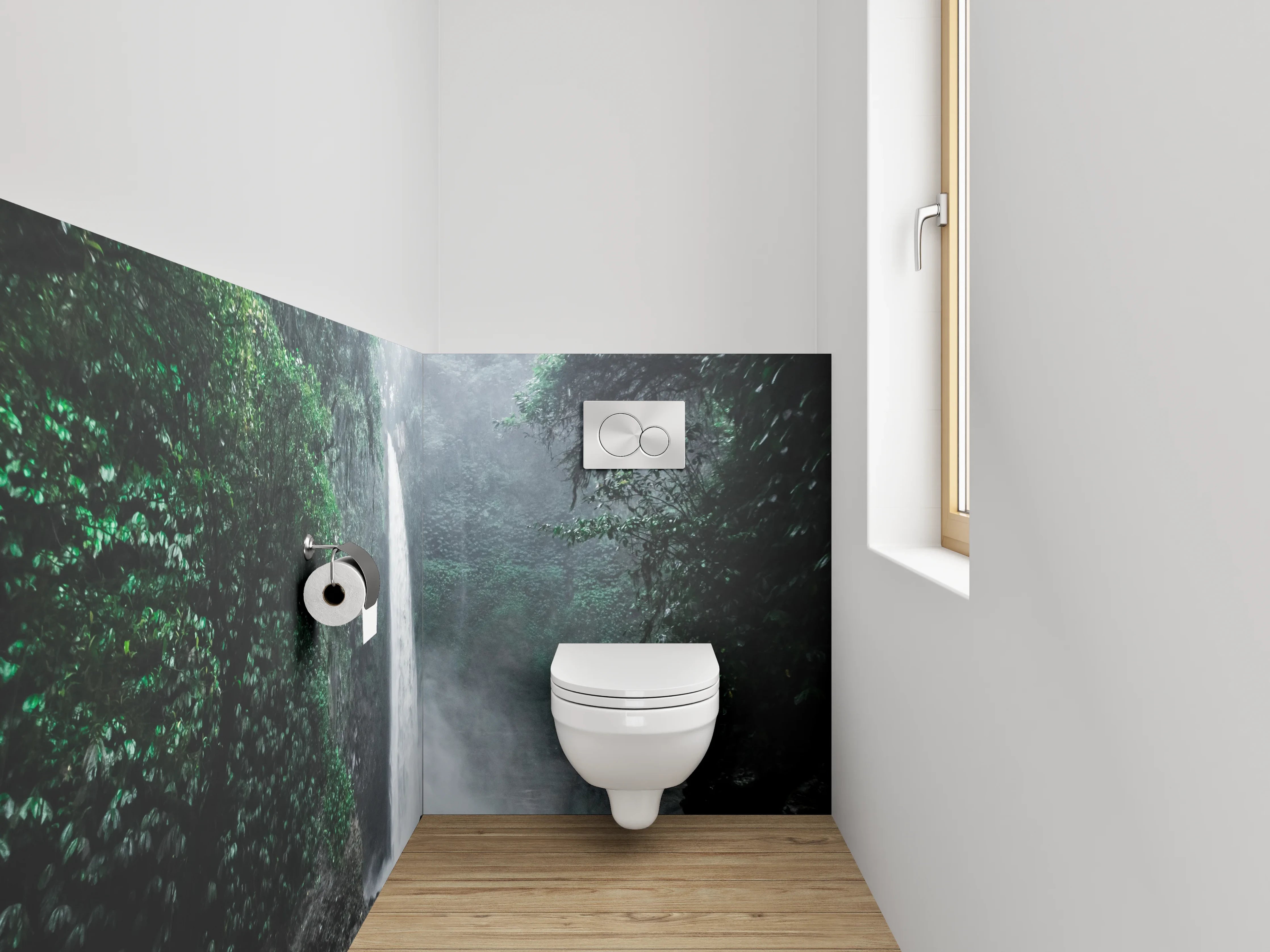 WC-Rückwand - Grauschimmernde Wasserfälle im Nebelwald