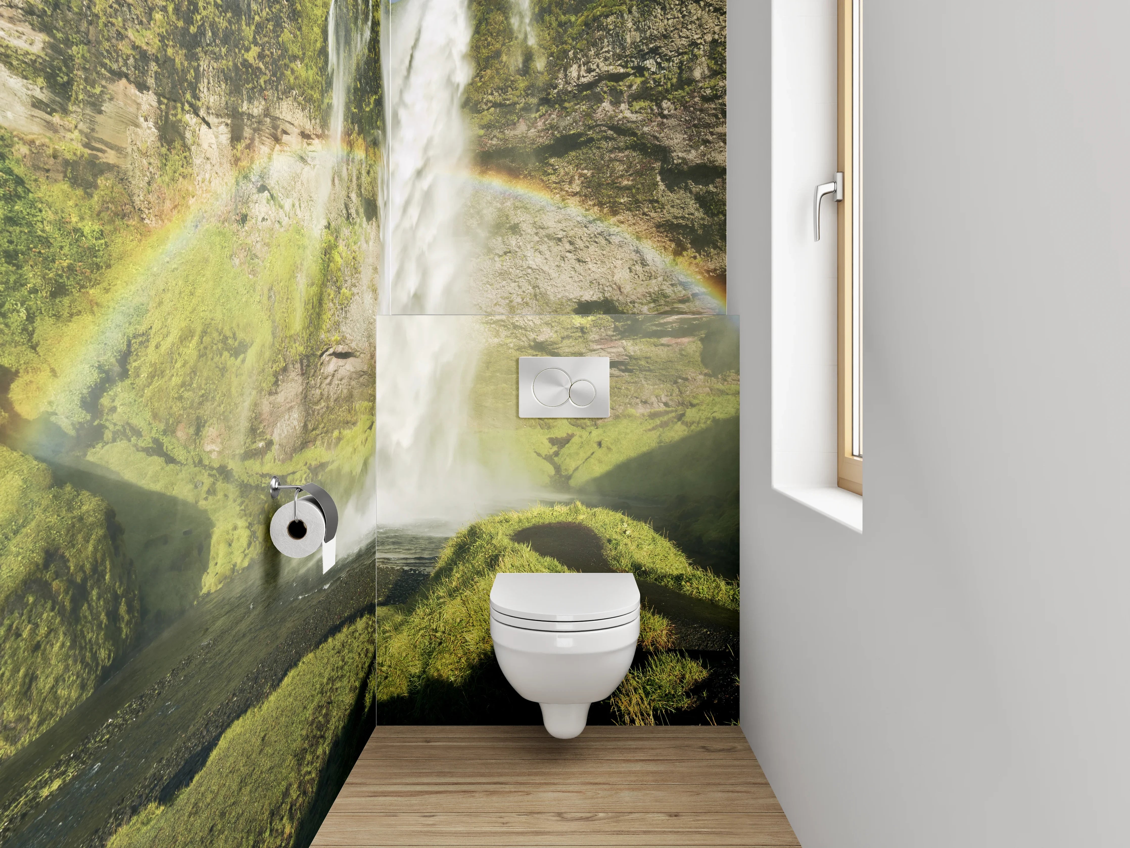 WC-Rückwand - Grauschimmernde Wasserpracht im Lichtspiel