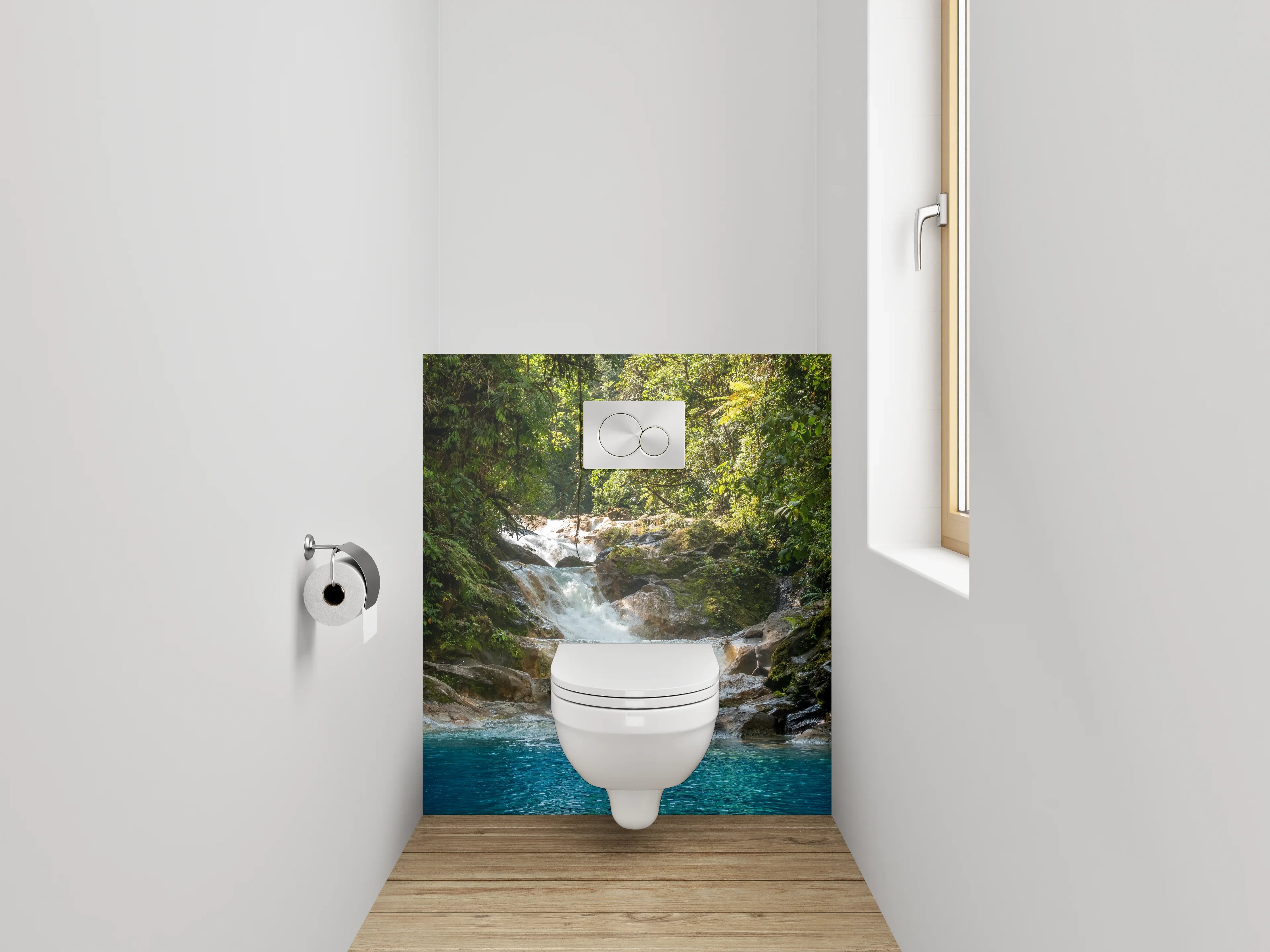 WC-Rückwand - Grauschimmernder Wasserfall im weißen Urwald
