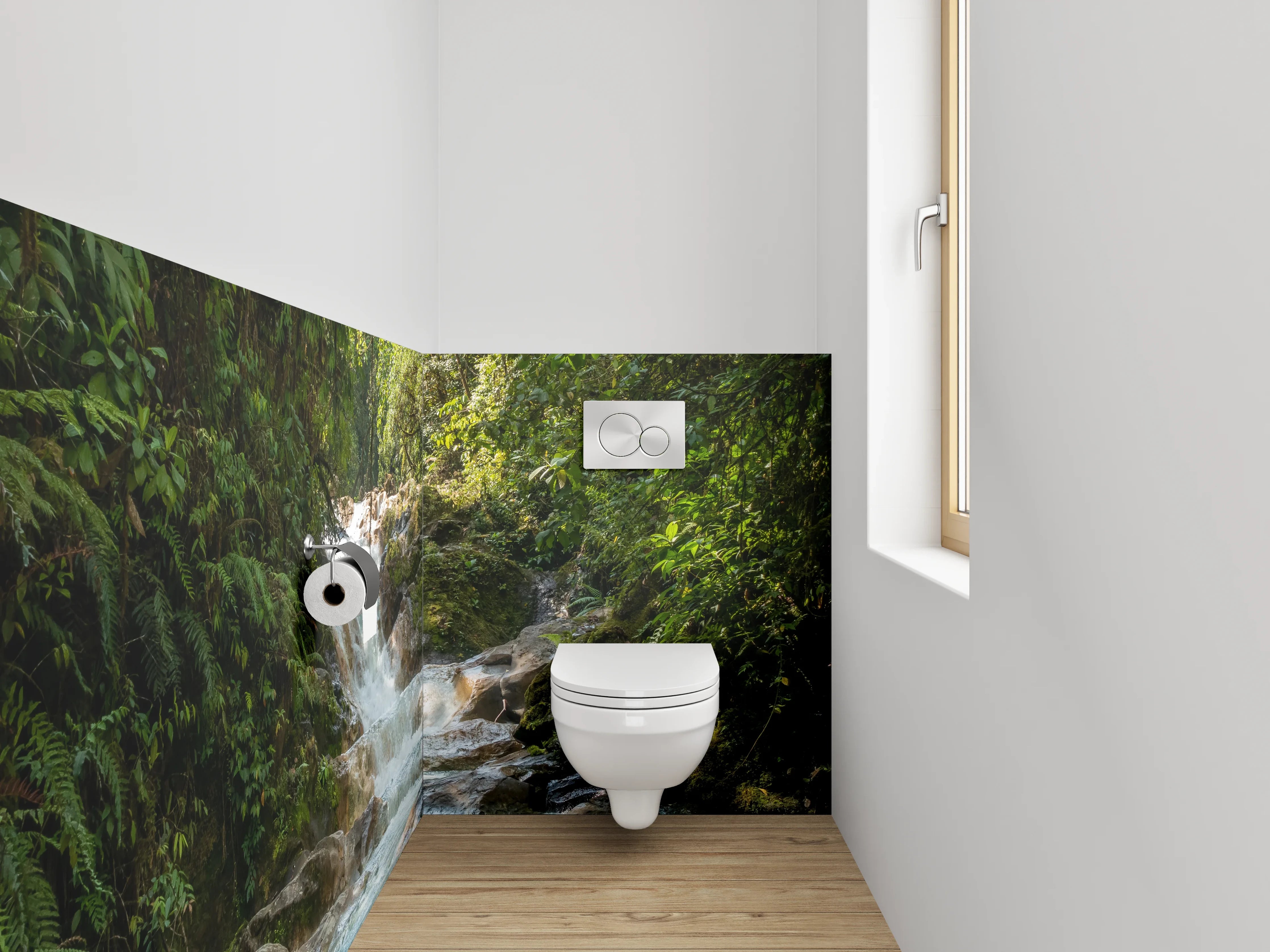 WC-Rückwand - Grauschimmernder Wasserfall im weißen Urwald